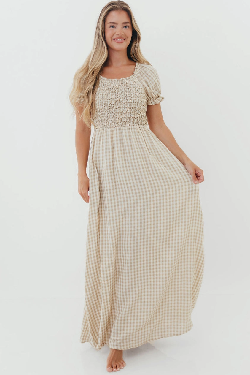 Emilia 100% Cotton Smocked Maxi Dress in Natural - Bump Friendly Farm Air MoistureWickingTechnology
