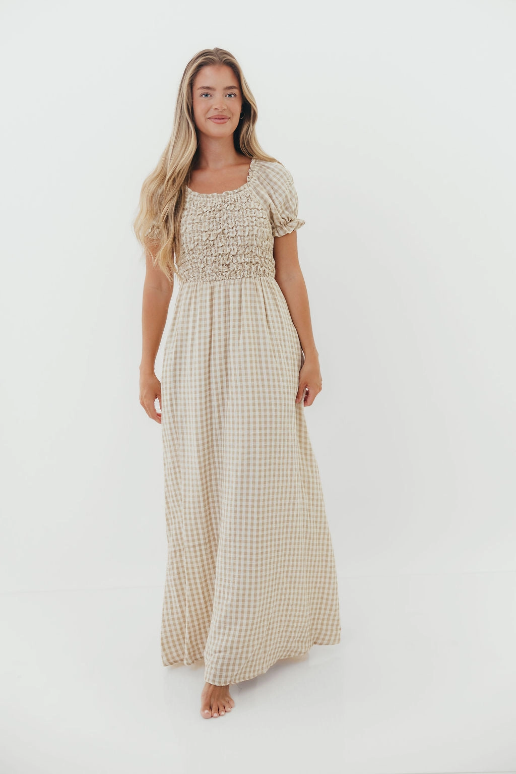 Quick Elegance Emilia 100% Cotton Smocked Maxi Dress in Natural - Bump Friendly