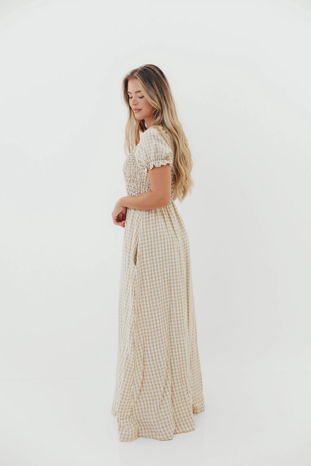 Emilia 100% Cotton Smocked Maxi Dress in Natural - Bump Friendly Fine Texture Trendy Comfort