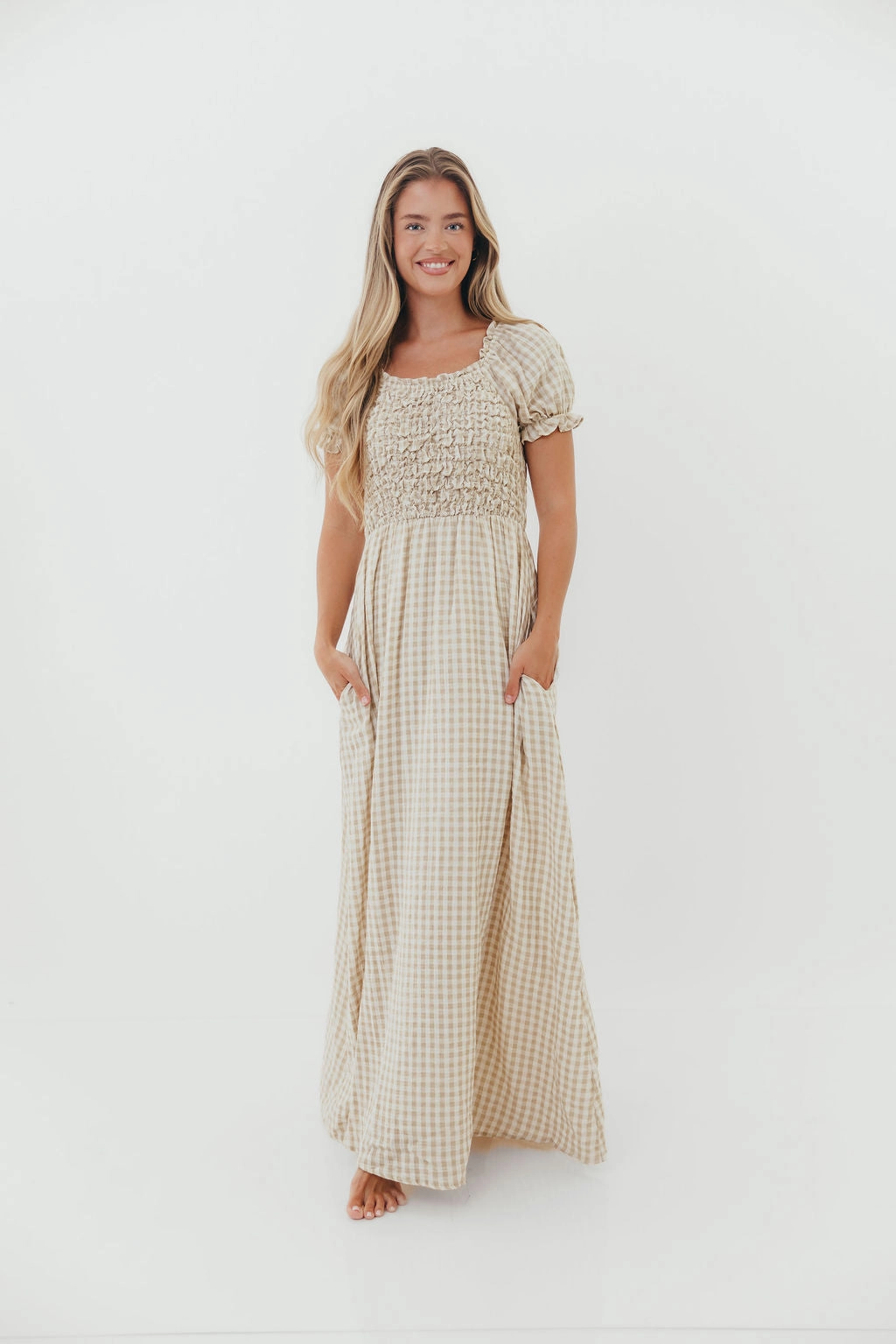 Emilia 100% Cotton Smocked Maxi Dress in Natural - Bump Friendly Timeless and Comfortable