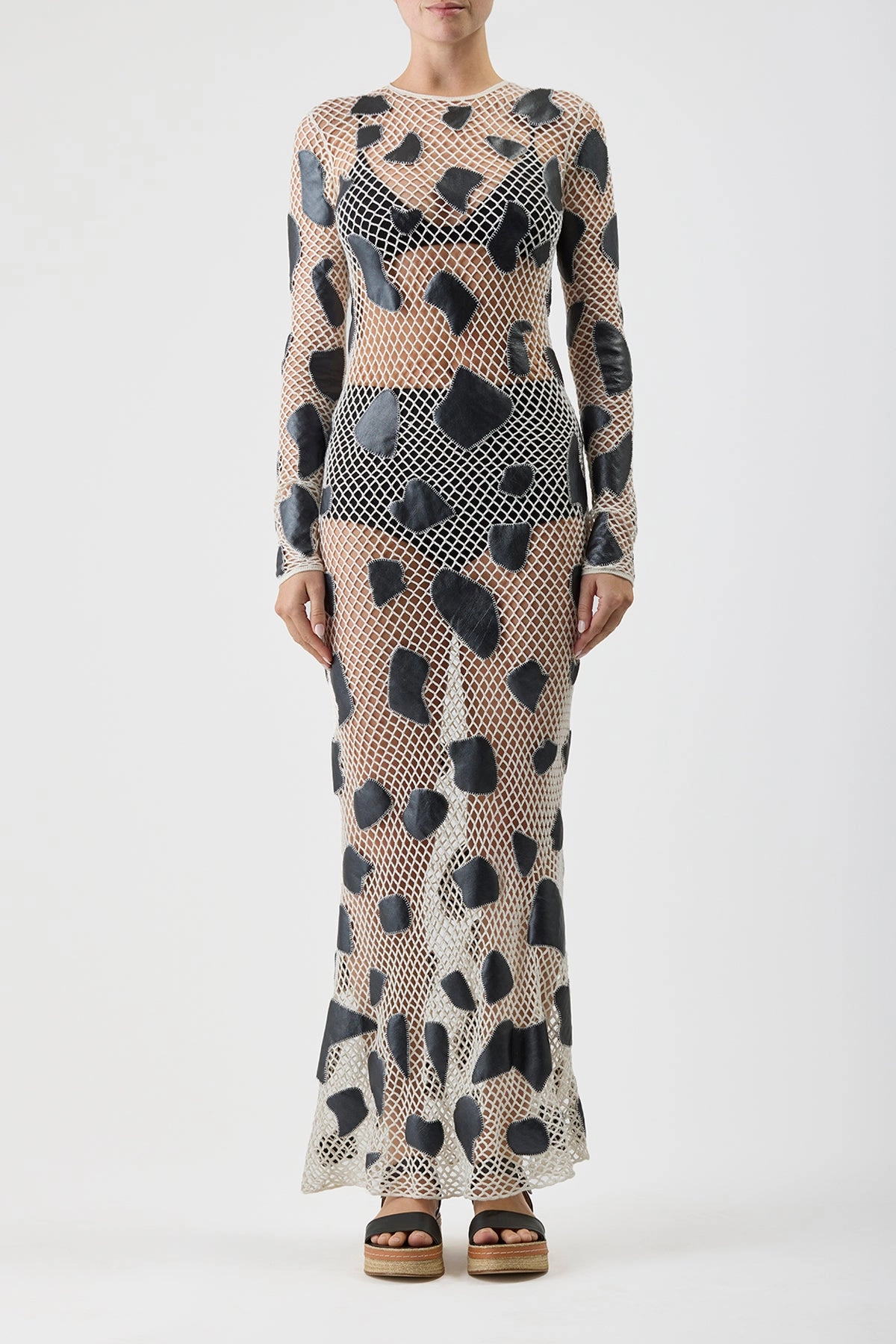 Romeo Crochet Maxi Dress in White Merino Wool with Black Metallic Nappa Leather Patches Textured Weave