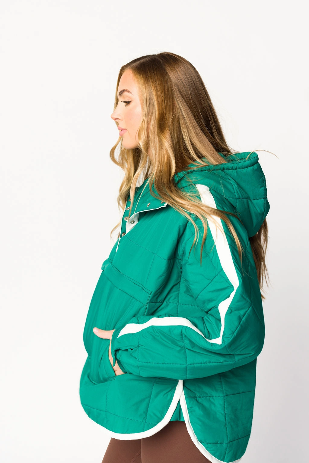 Elastic design Cozy Fleece Joanna Quilted Puffer Pullover in Hunter Green/White *Final-Sale*