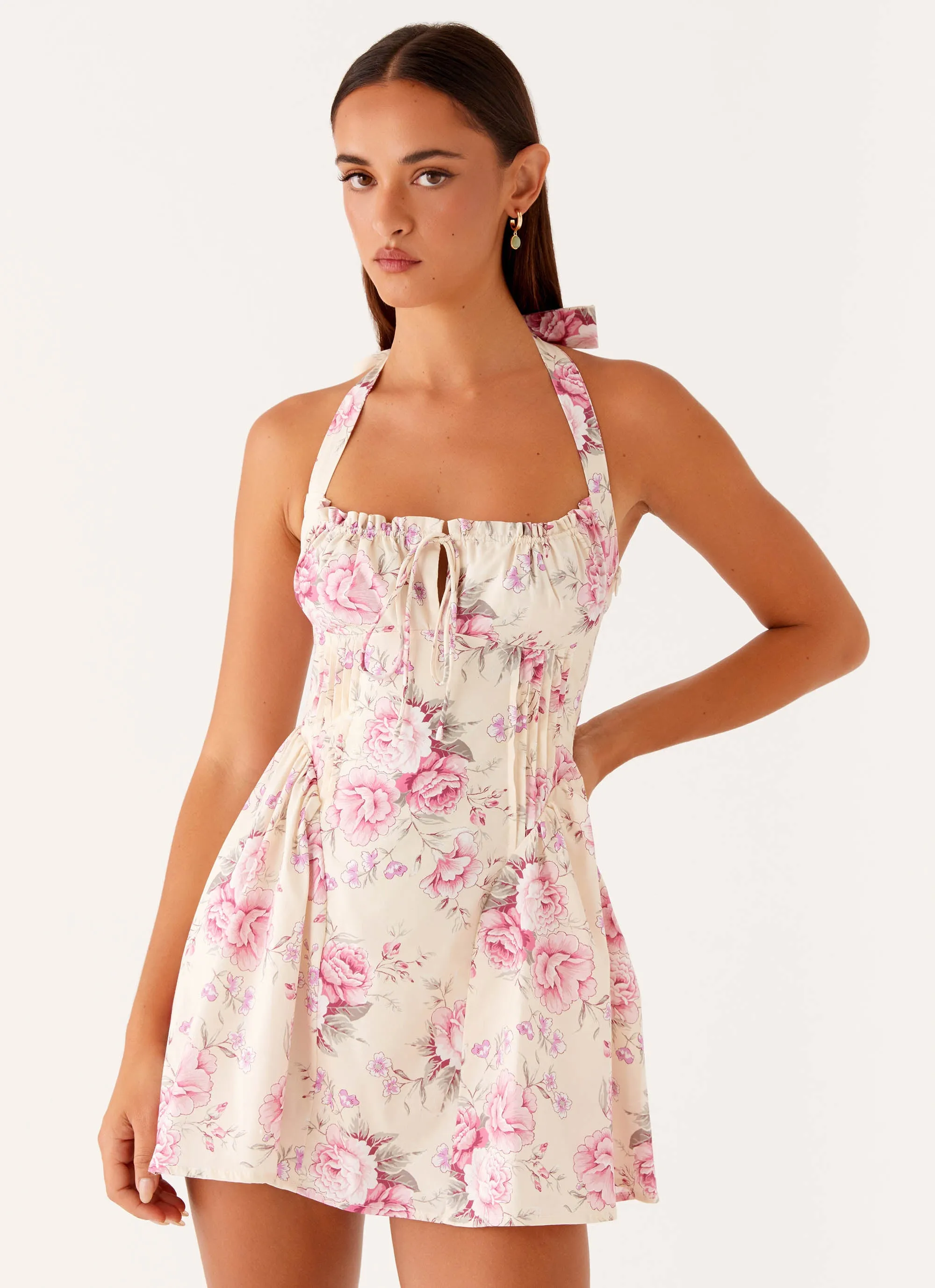 Rosalie Halter Mini Dress - Vintage Pink Floral Insulating-Lining
