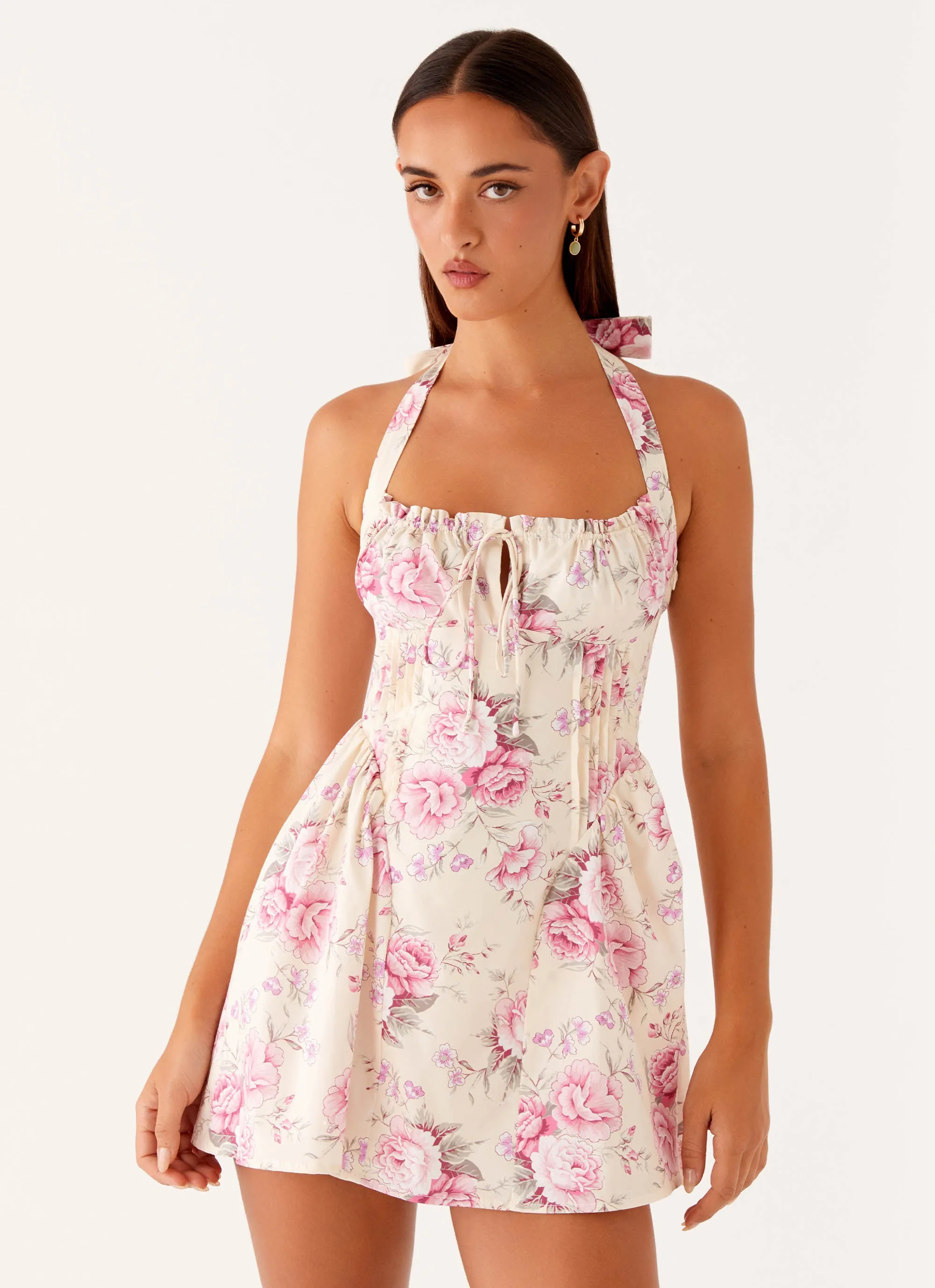 Rosalie Halter Mini Dress - Vintage Pink Floral Pleated-Skirt