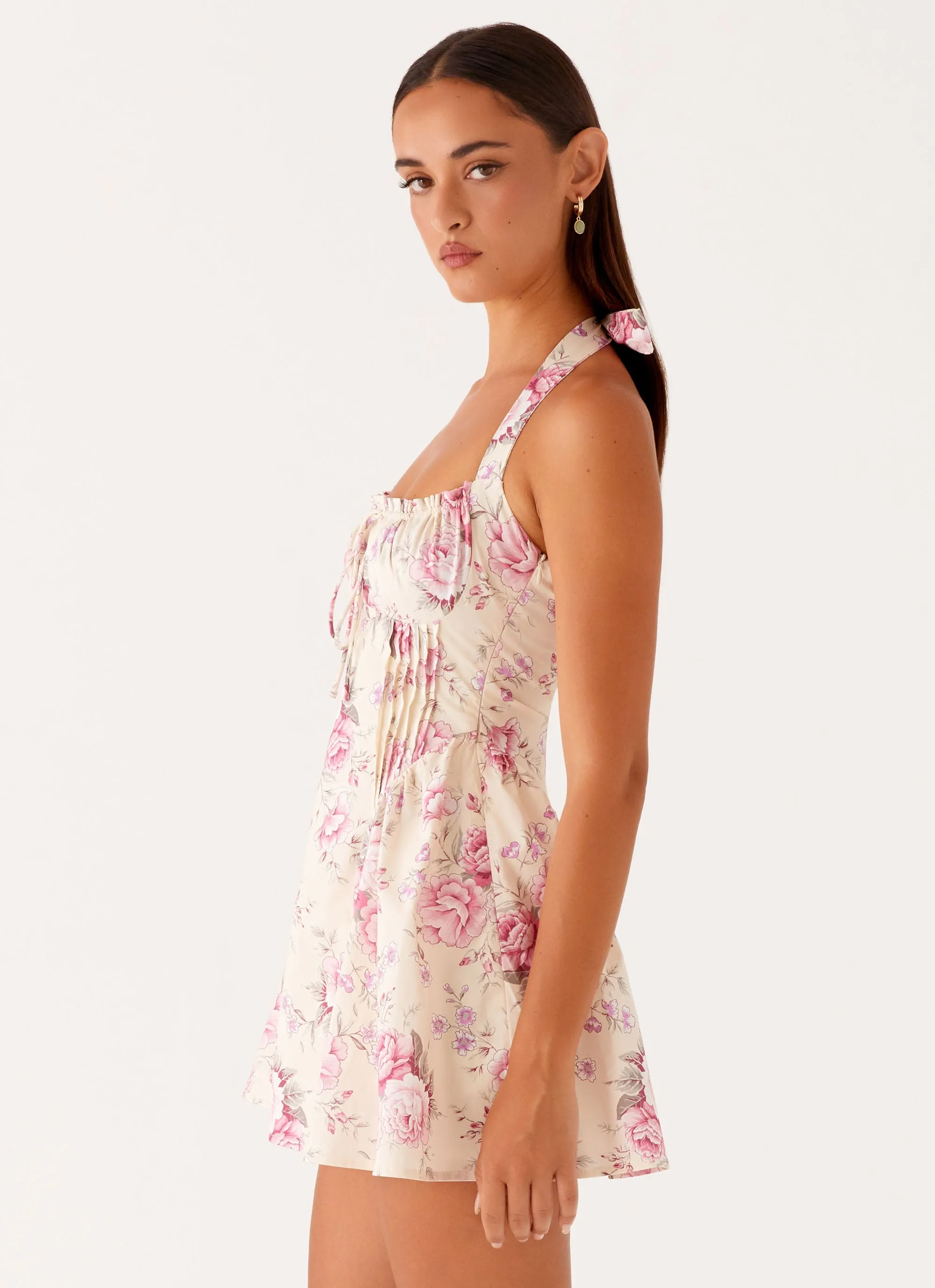 Rosalie Halter Mini Dress - Vintage Pink Floral Travel piece Dream Look