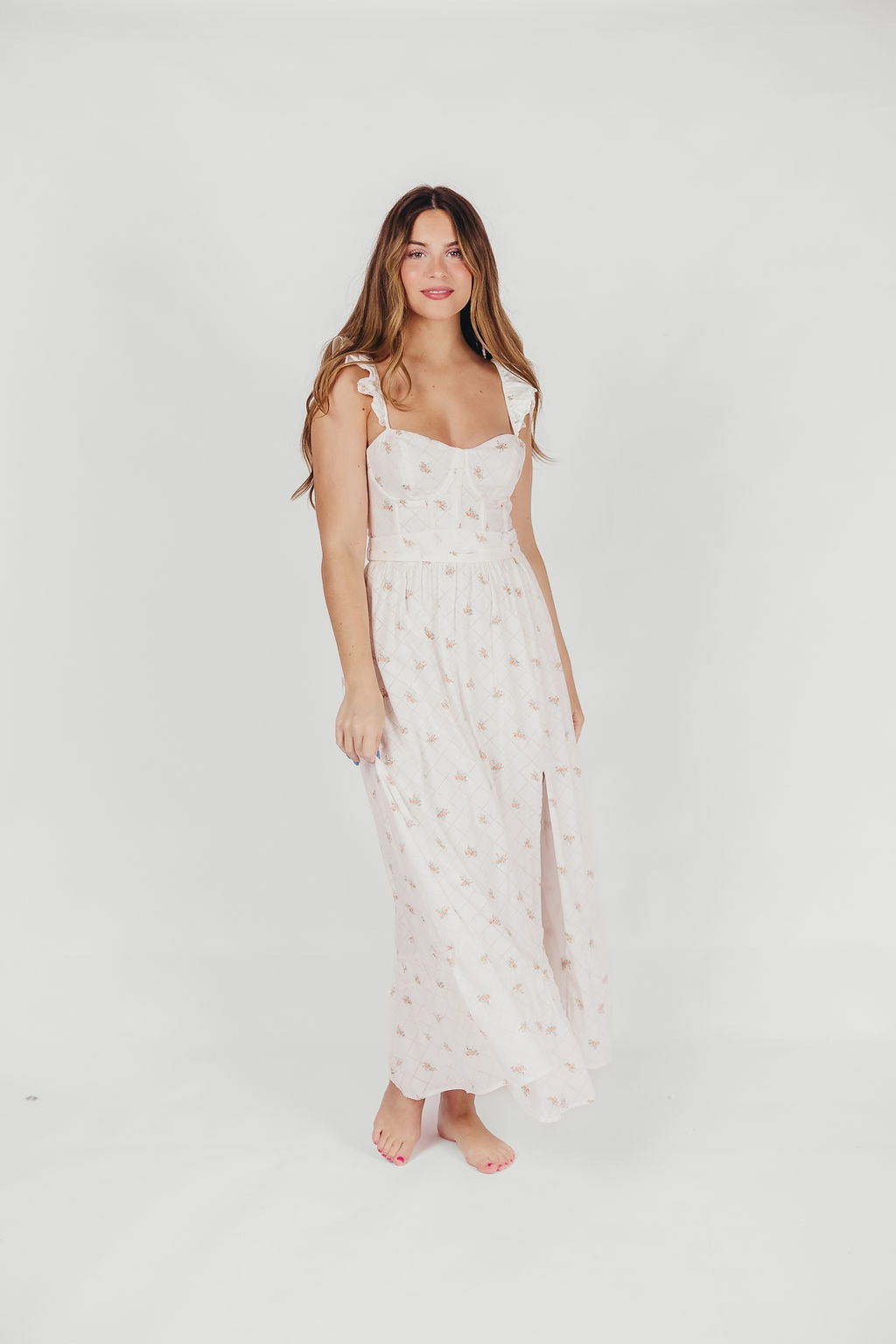 Calm Texture Rosamund Bustier-Style Maxi Dress in White/Orange Floral - Inclusive Sizing (S-XL)