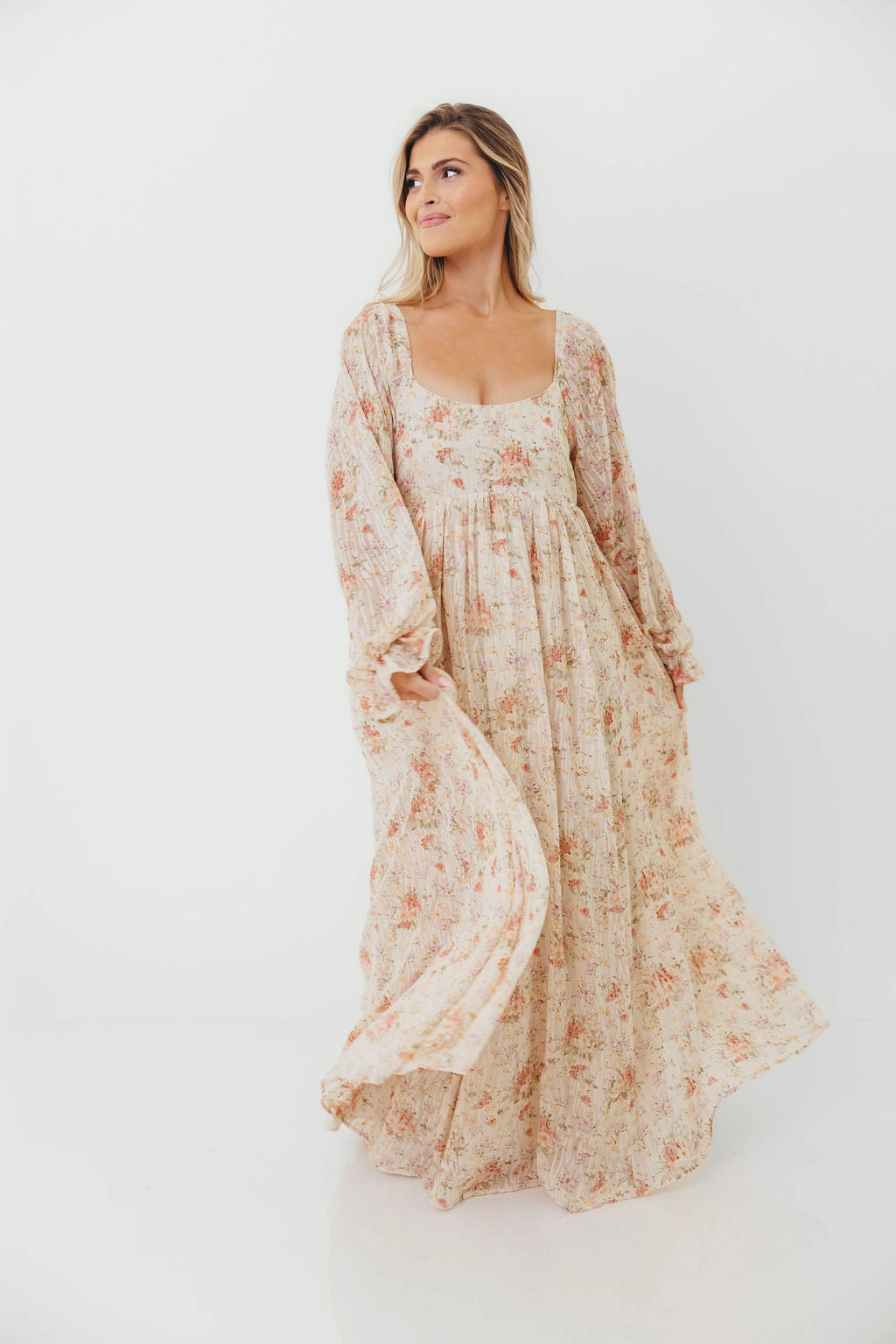 Rosey Woven Floral Print Empire Maxi Dress in Cream Multi - Bump Friendly Trendy Appearance Flawless Construction