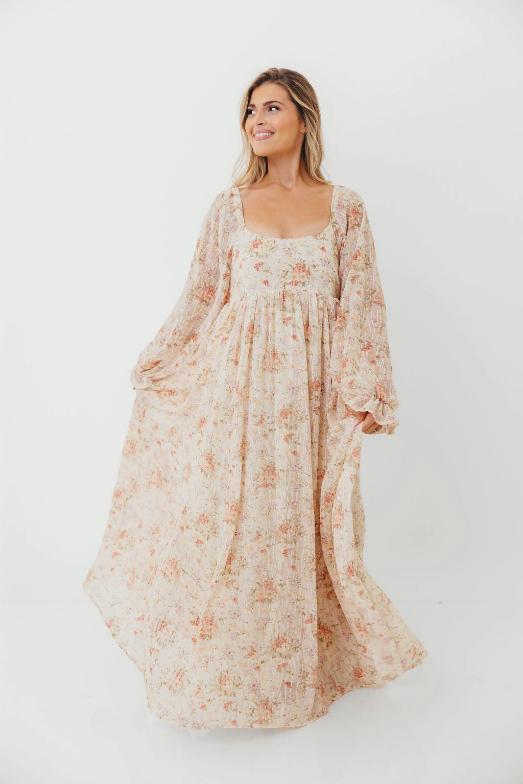 Rosey Woven Floral Print Empire Maxi Dress in Cream Multi - Bump Friendly Pure Piece