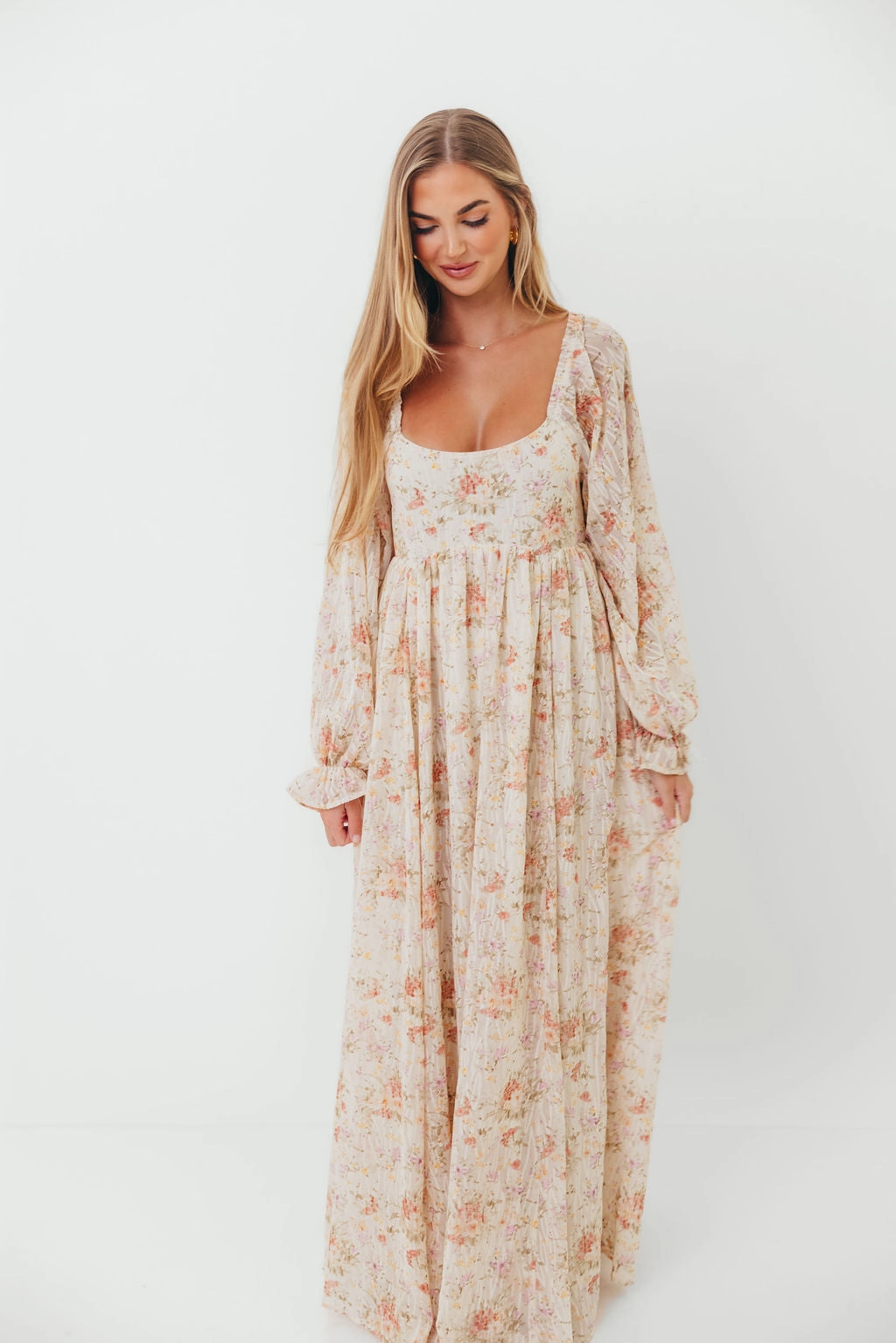 Rosey Woven Floral Print Empire Maxi Dress in Cream Multi - Bump Friendly Inner lining
