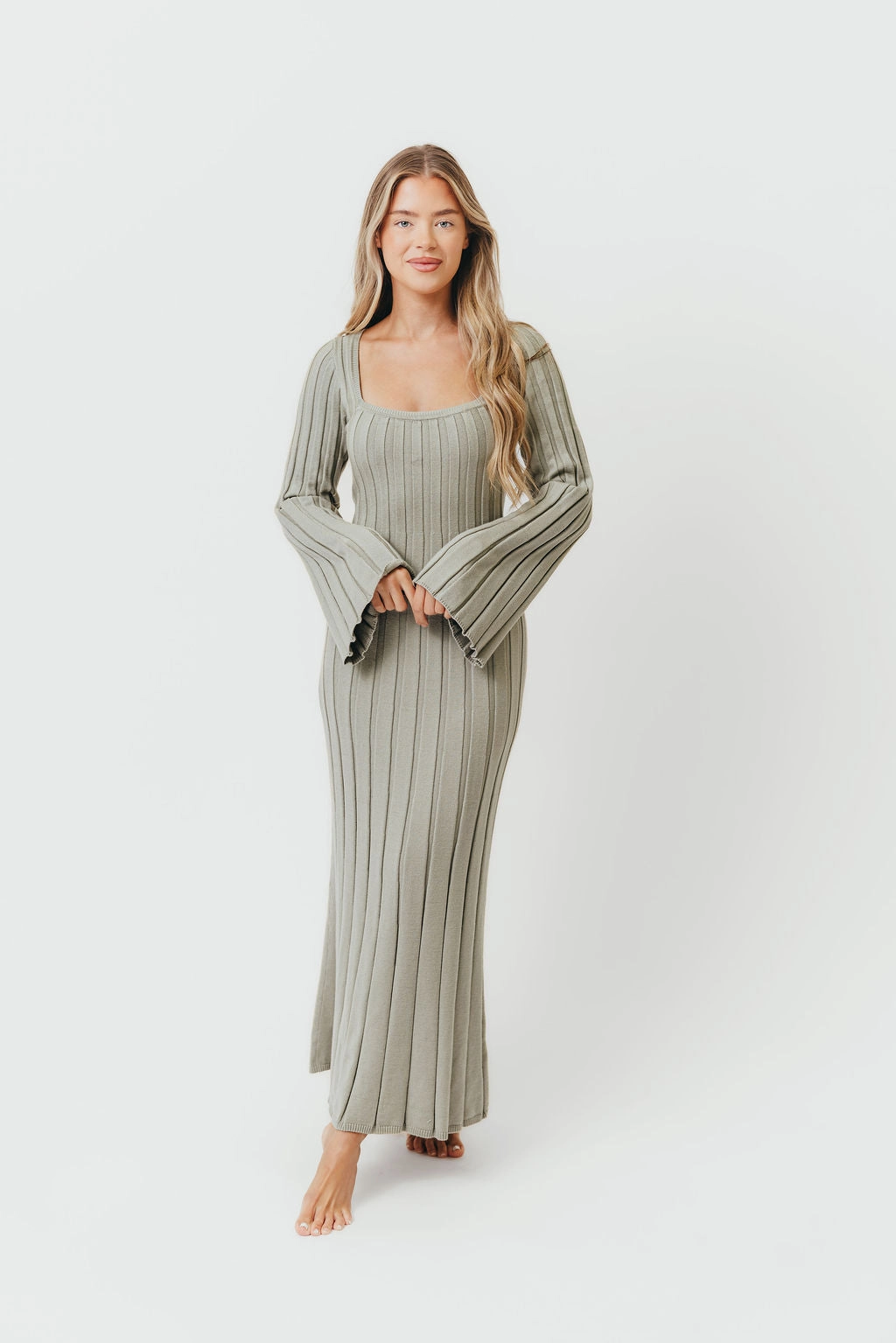 Fringe-Detail Soft Shine Rowan Square Neck Maxi Dress in Green