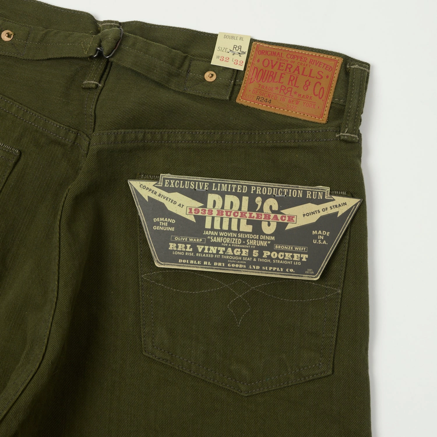 RRL Limited Edition Olive Regular Straight Jean - One Wash Resilient material Flat Lock Stitching