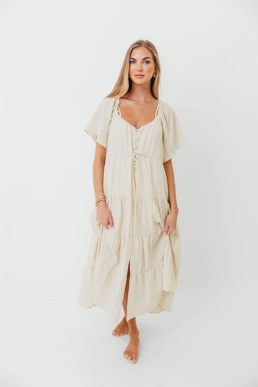 Soft Contour Chilly Weather Wear Rumi Woven Sweetheart Maxi Dress in Natural - Bump Friendly - Detachable Liner