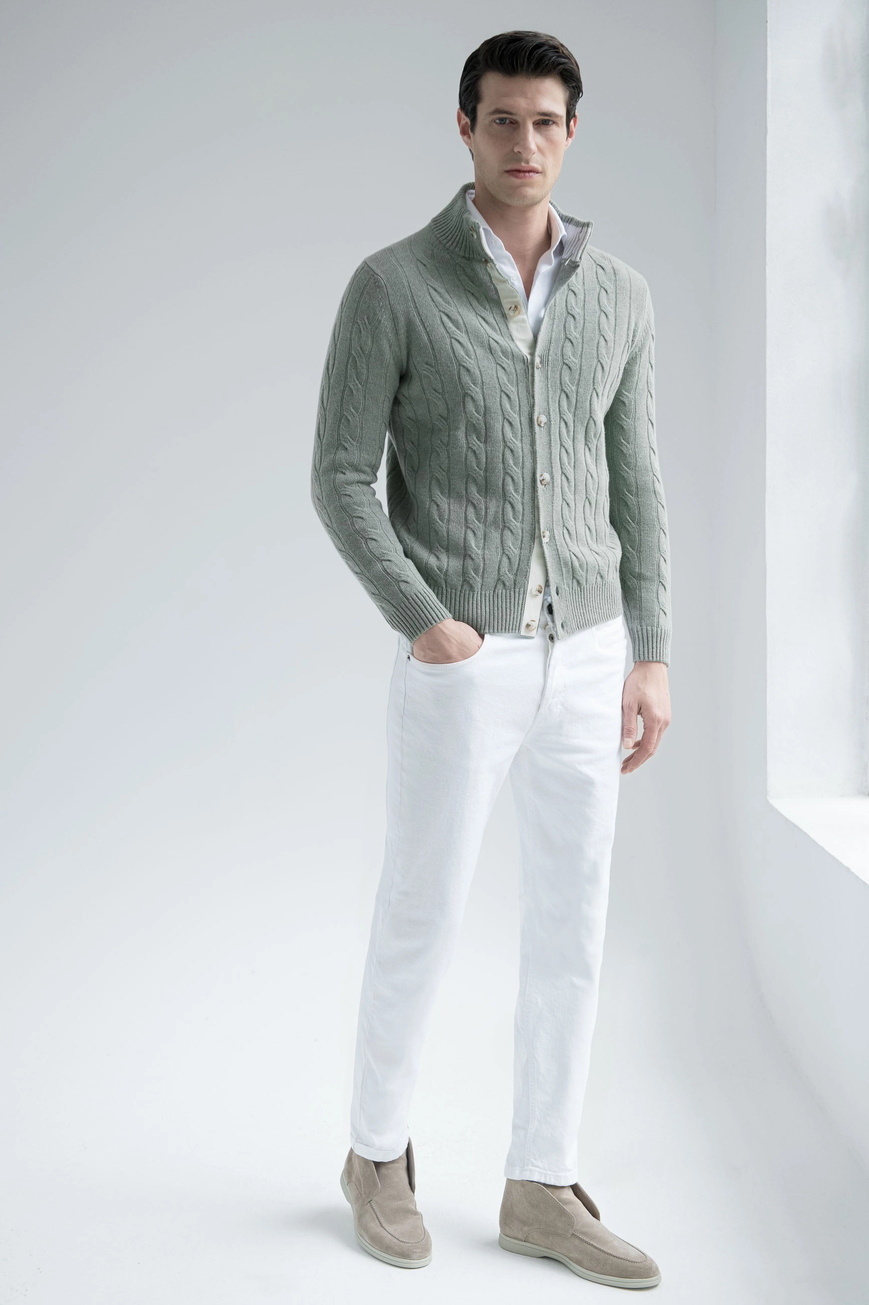 Fray Resistant Edges Sage cable knit cardigan ?C Made in Italy