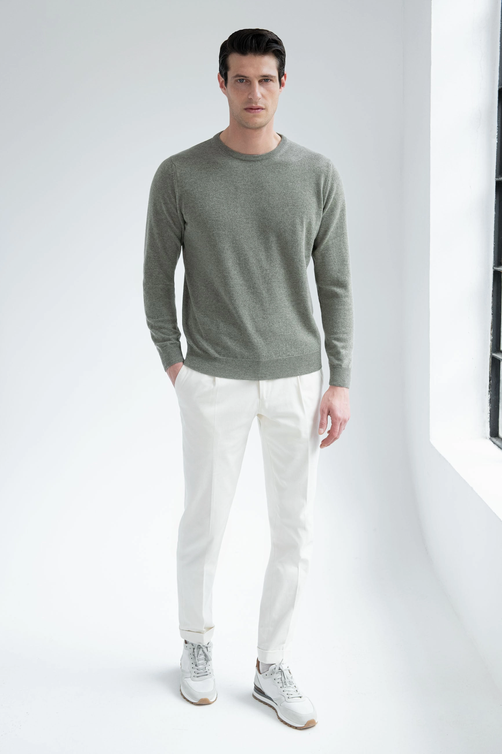 Sage cashmere round neck ?C Made in italy Work Comfort Microfiber Textile