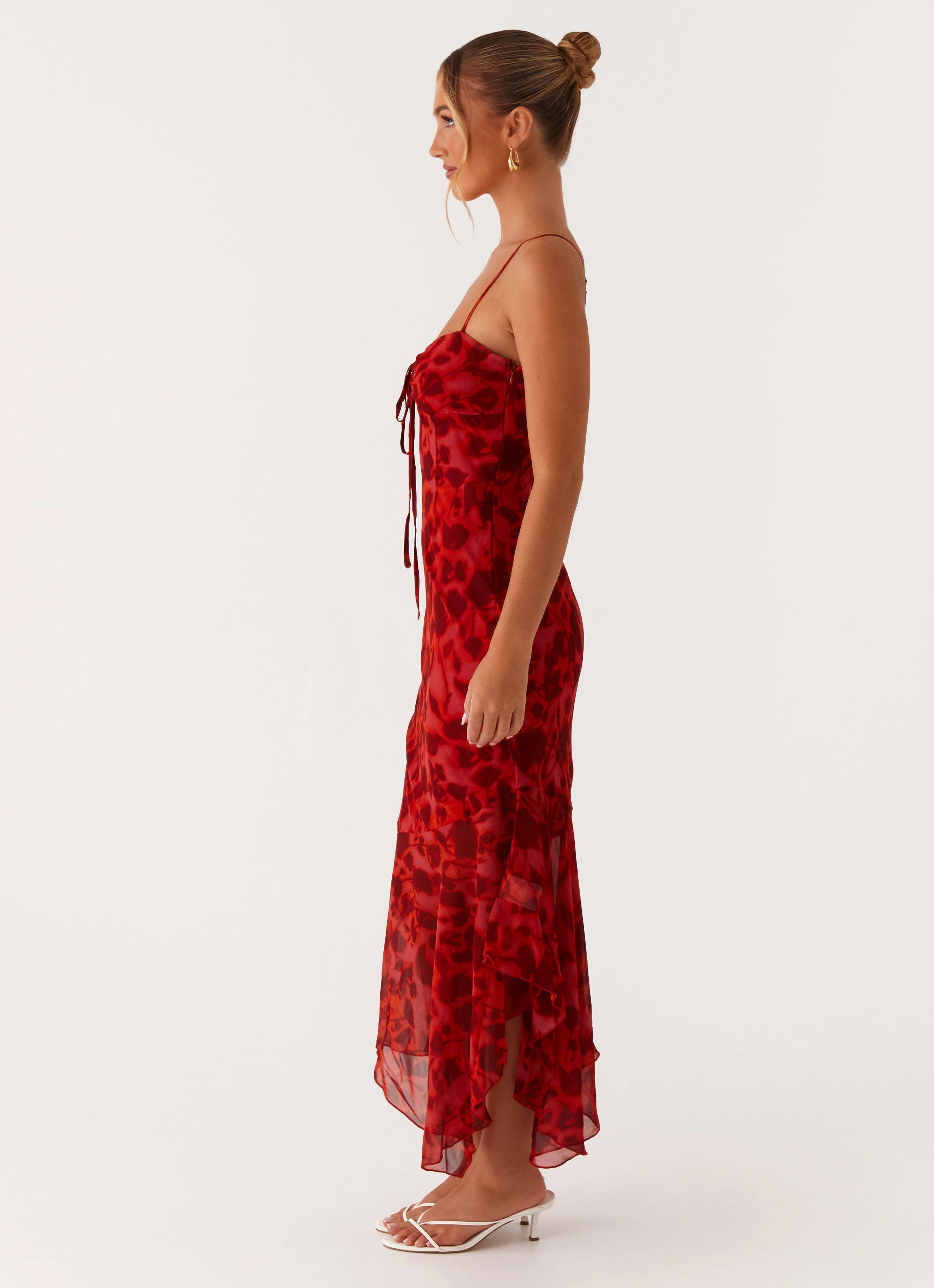 Sally Midi Dress - Deep Red Floral All-Season Comfort
