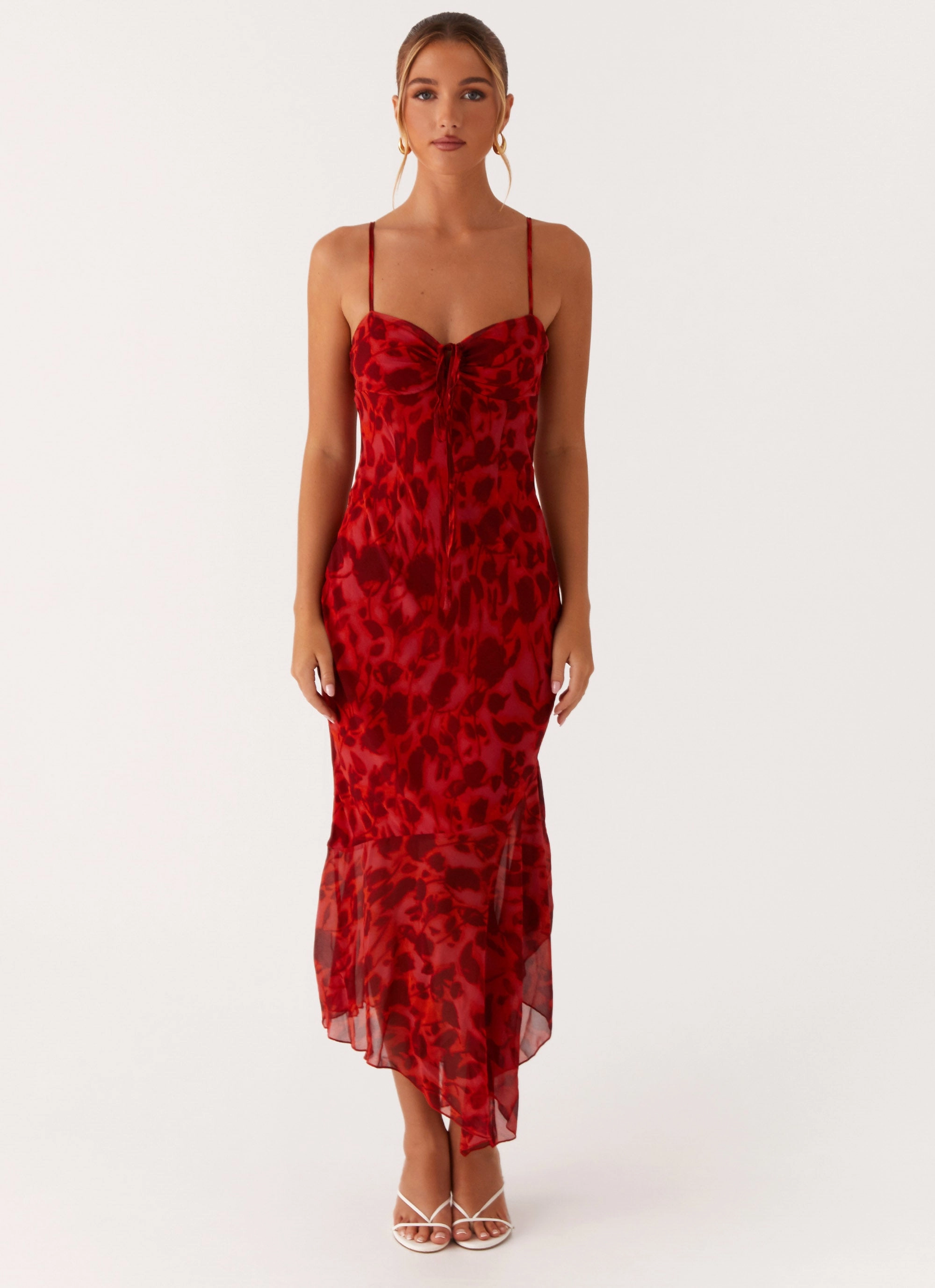 Sally Midi Dress - Deep Red Floral Casual Chic Sheer Element
