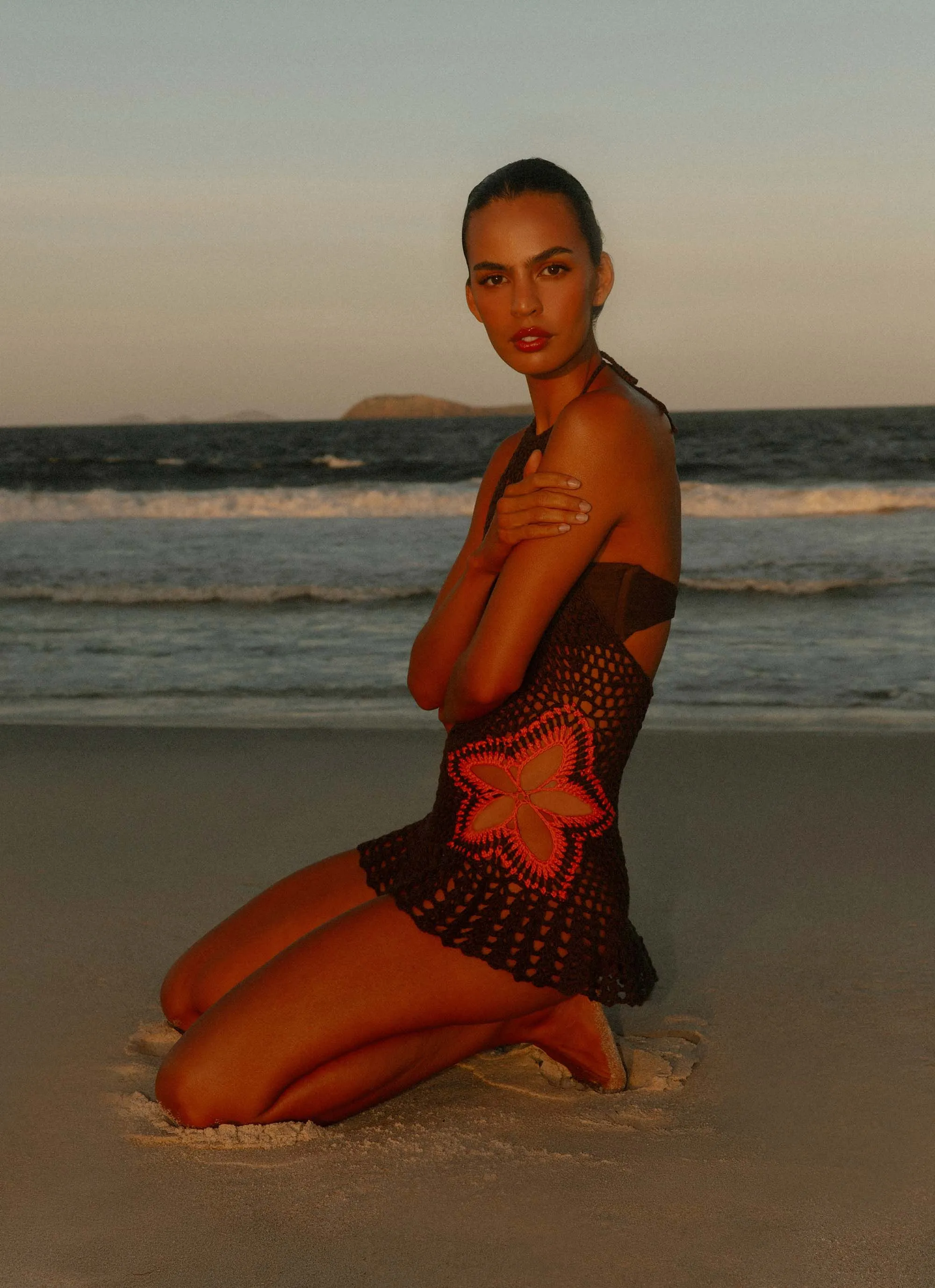 Sequin-Detail Henley Crochet Mini Dress - Chocolate