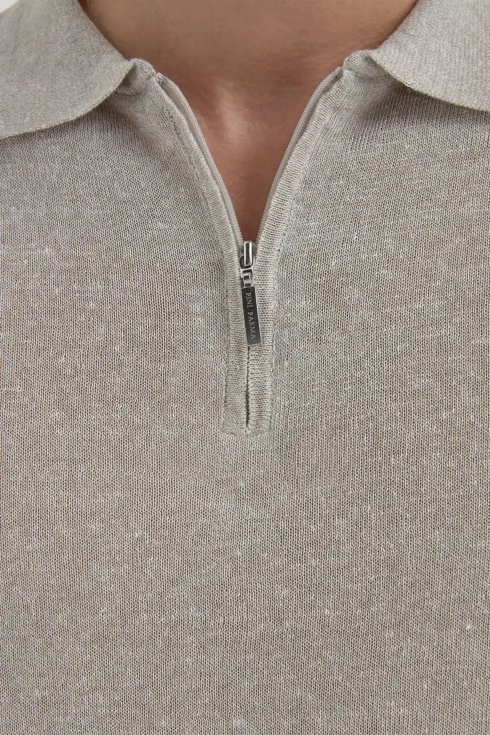 Sand linen and cotton zipped polo - Made in Italy Brushed Inner Layer