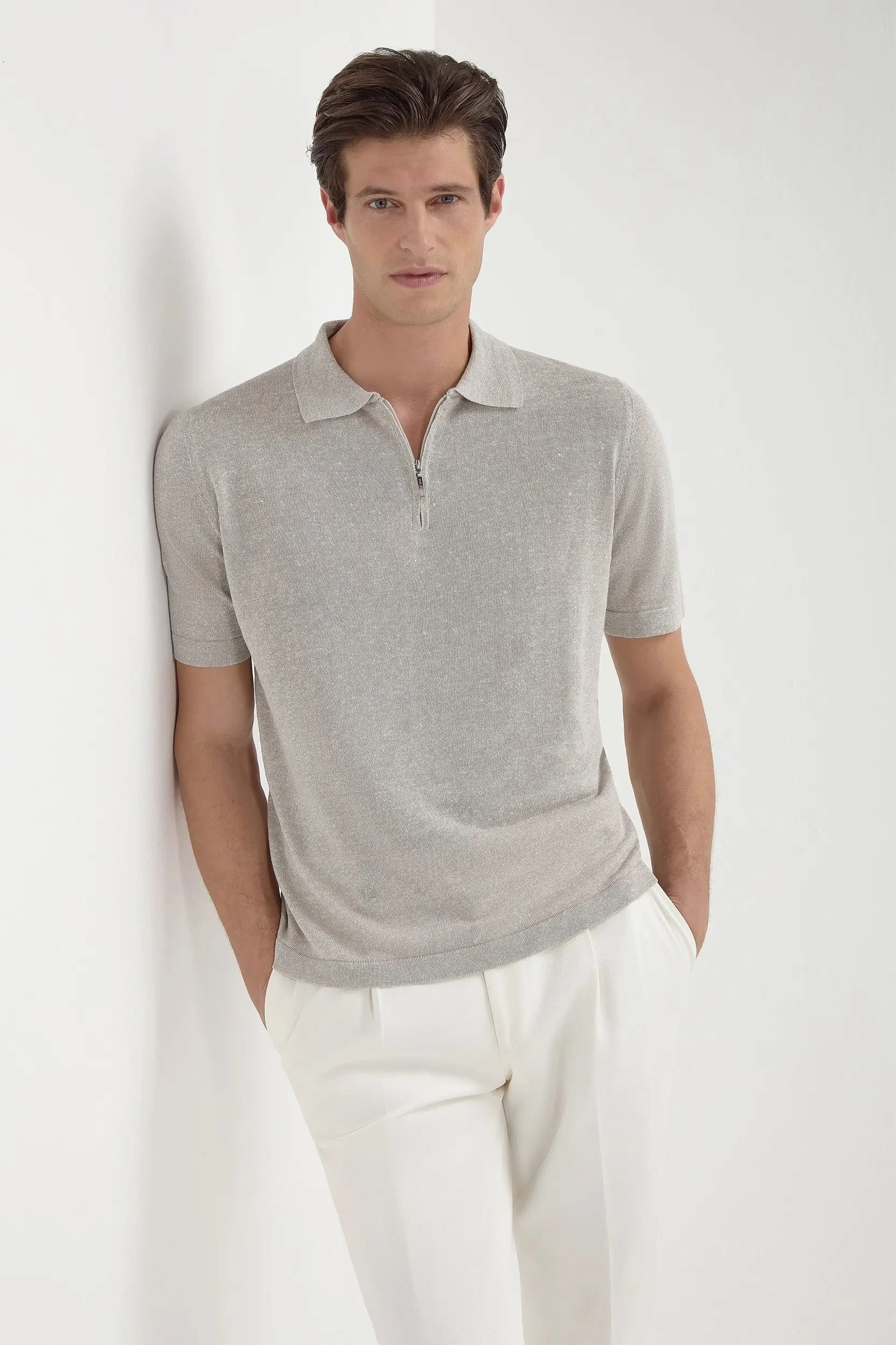 City Style Biodegradable Fiber Sand linen and cotton zipped polo - Made in Italy
