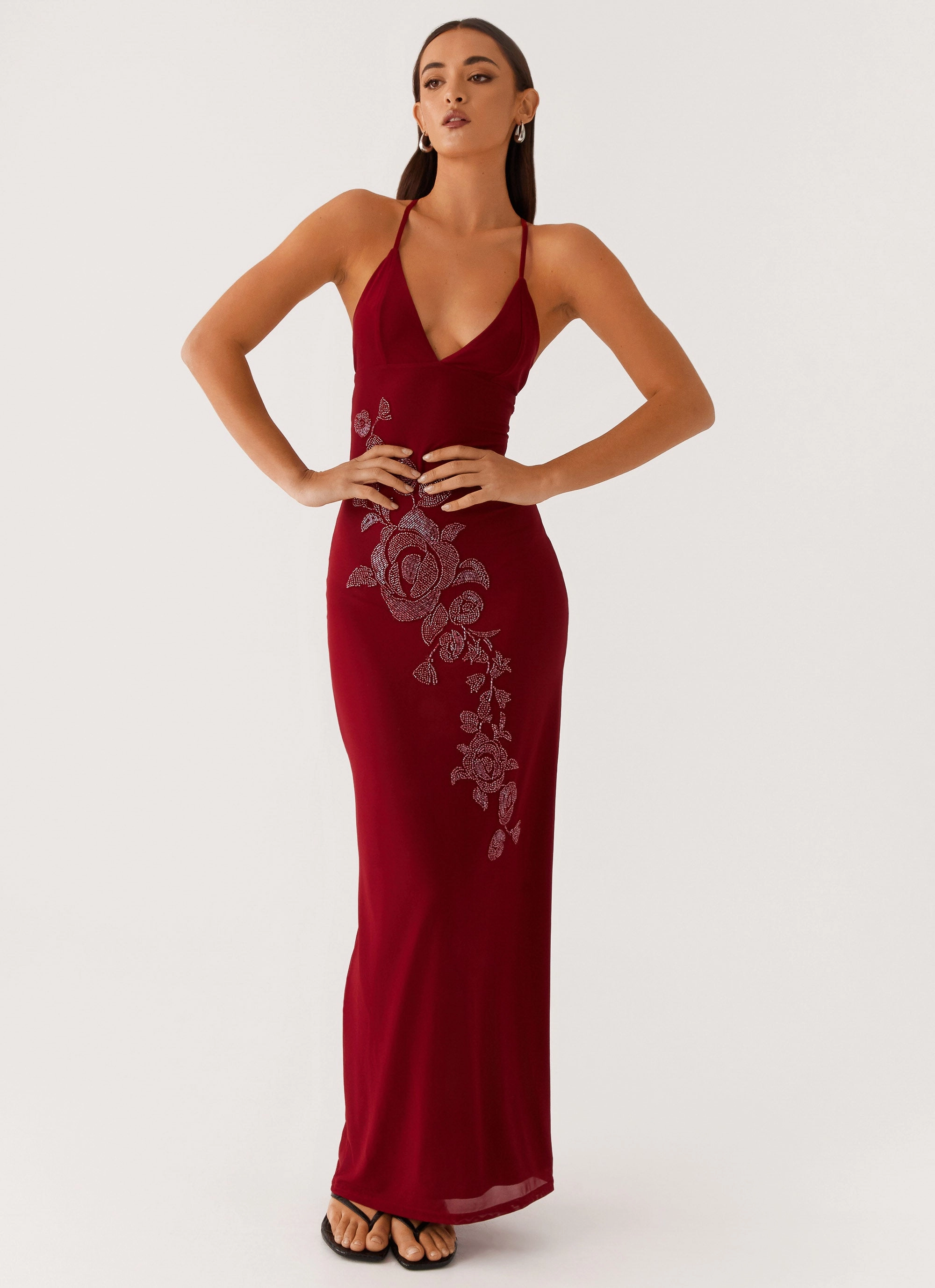 Romance Soul Beki Beaded Mesh Maxi Dress - Deep Red
