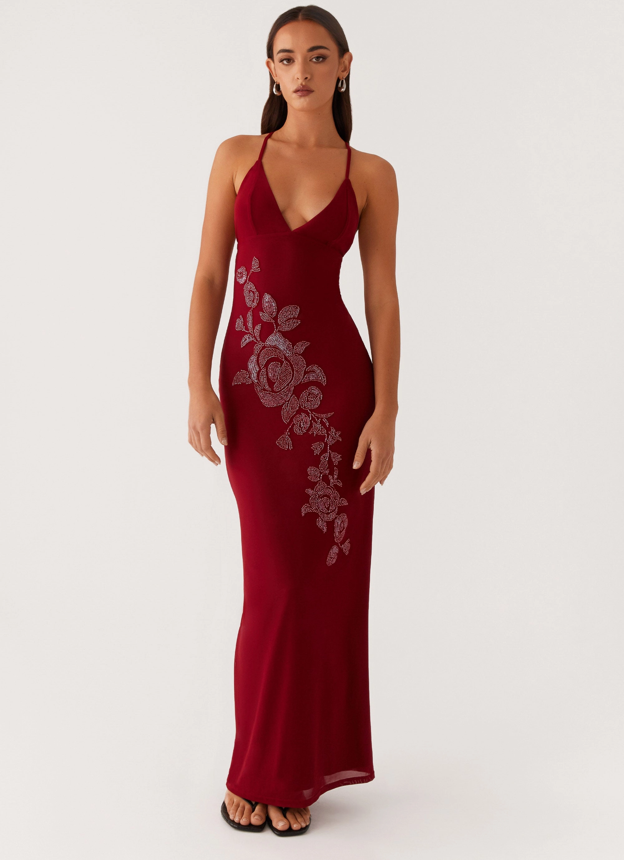Beki Beaded Mesh Maxi Dress - Deep Red Airy Drape Subtle Stitch