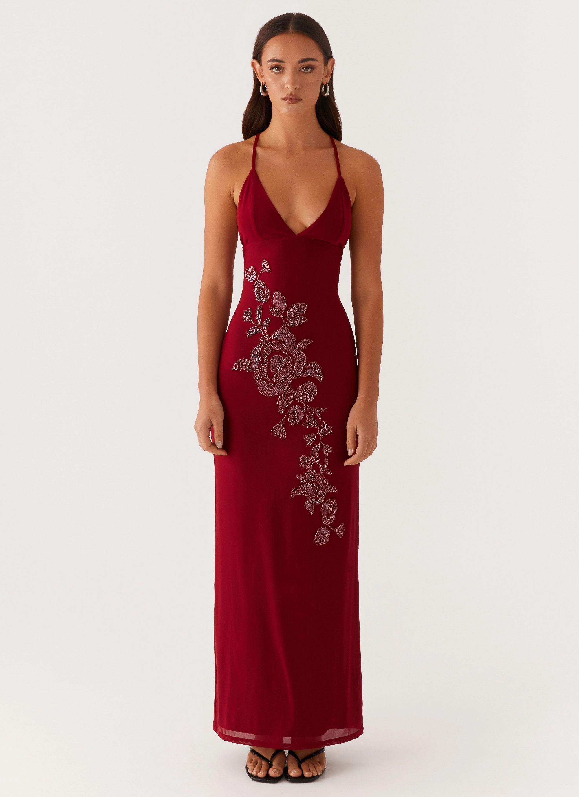 Easy Fit Beki Beaded Mesh Maxi Dress - Deep Red