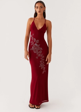 Beki Beaded Mesh Maxi Dress - Deep Red Airy Drape Subtle Stitch