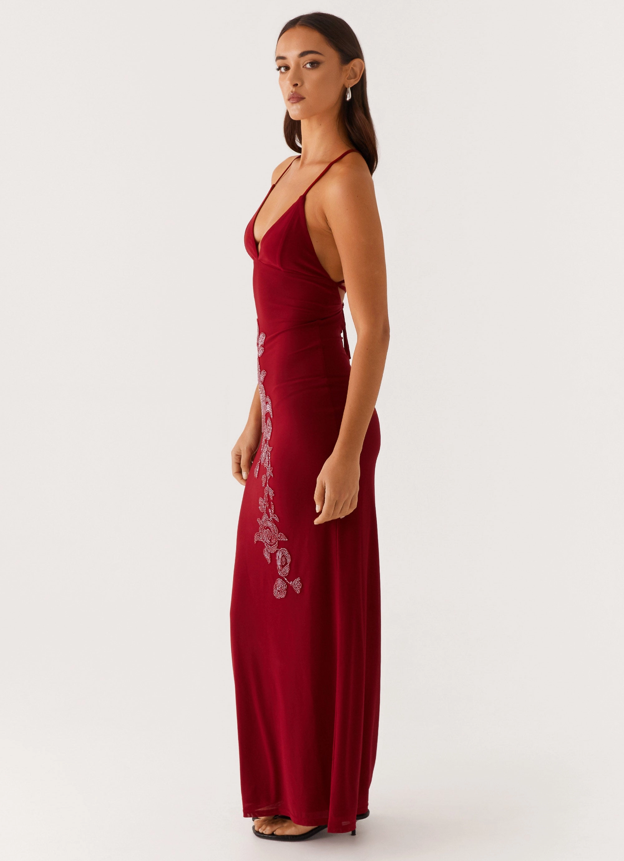 Upgrade-Option Classic knee-length dress Beki Beaded Mesh Maxi Dress - Deep Red