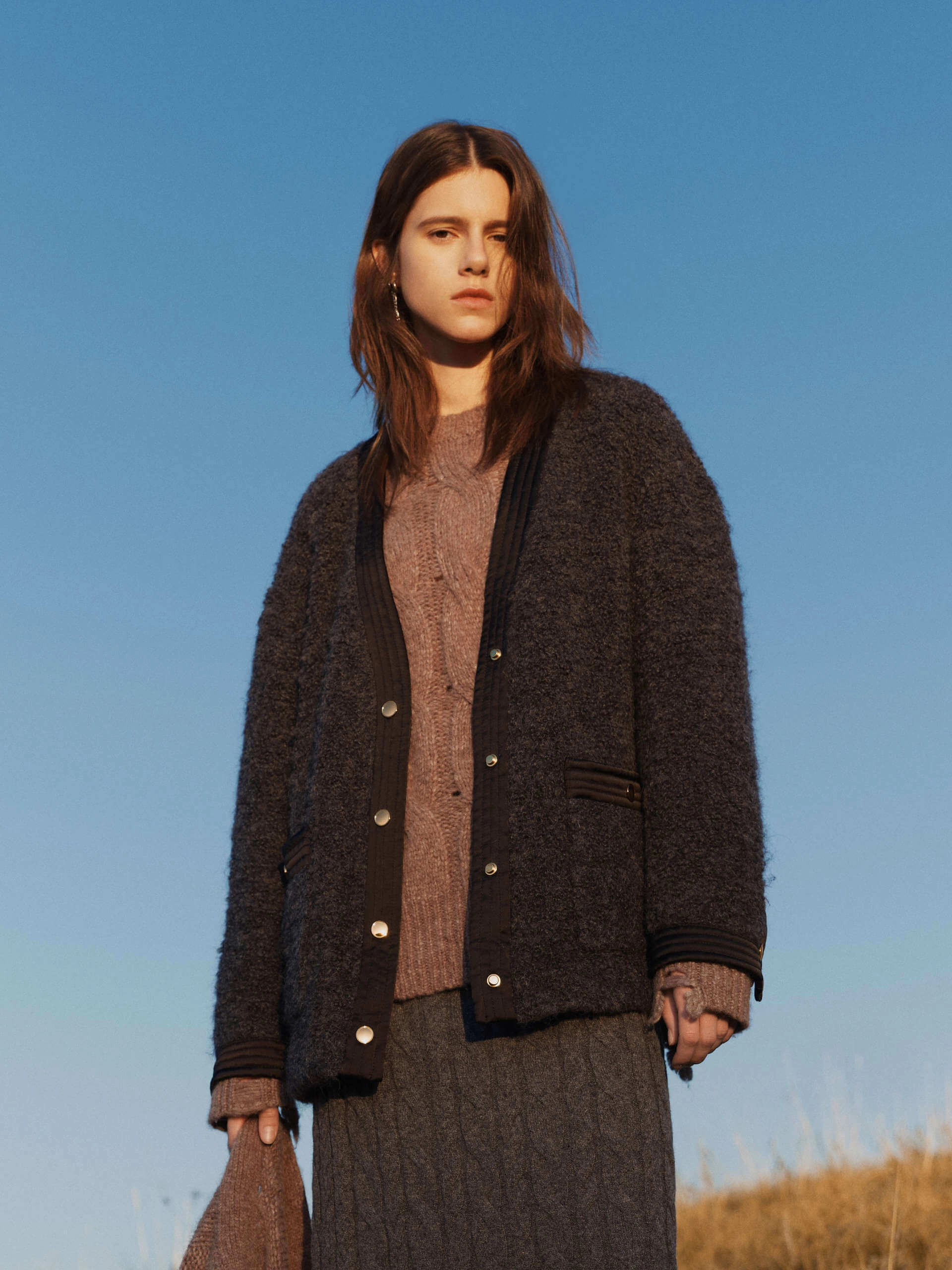 Foldable Collar Satin Trimmed V-Neck Jacket