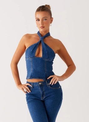 Saylor Halter Denim Top - Indigo Anti Odor Treatment Street Ready