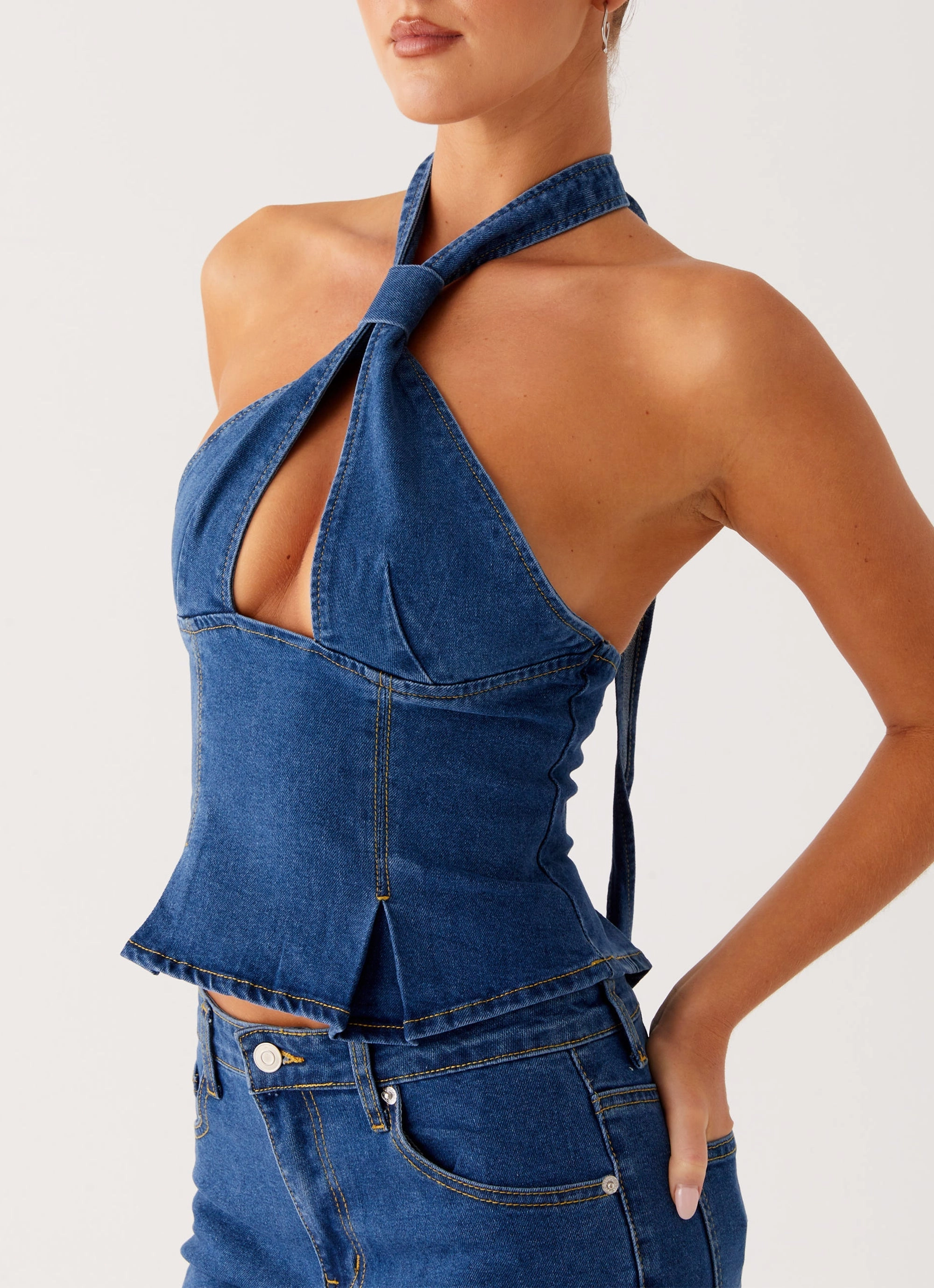 Motion Enhanced Saylor Halter Denim Top - Indigo