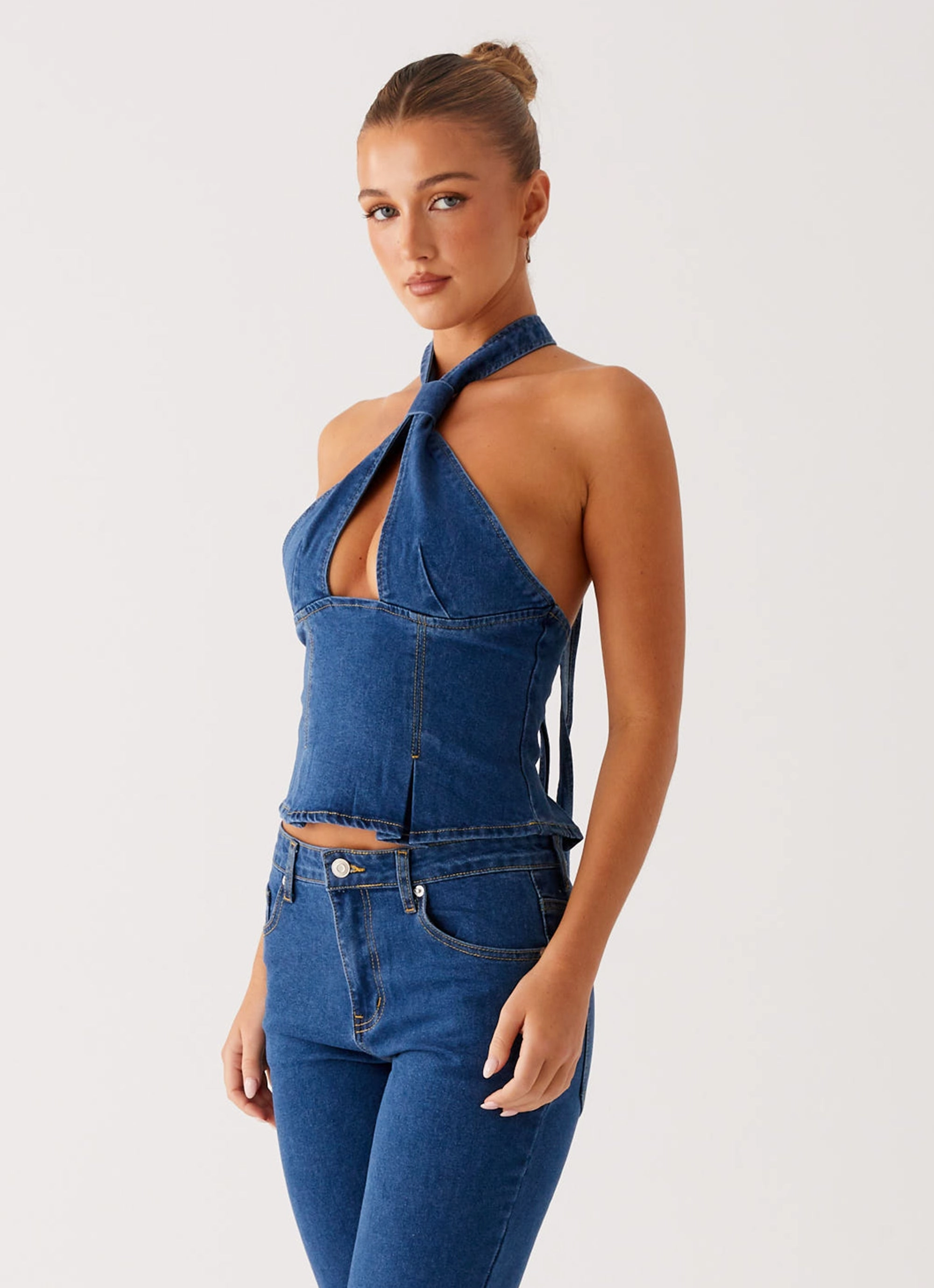 Sun Protection Saylor Halter Denim Top - Indigo