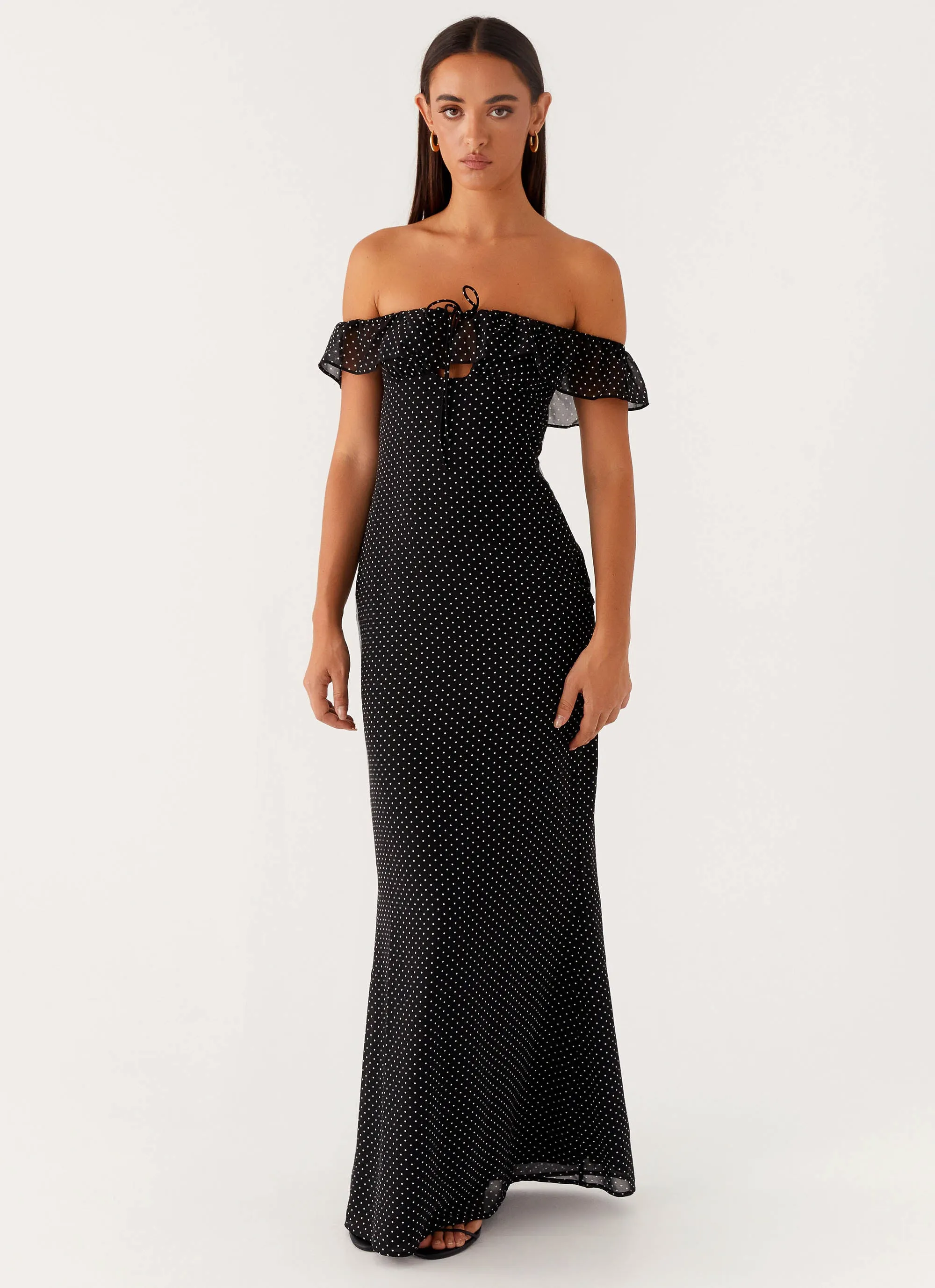 Comfortable Touch Smart and Stylish Scarlet Cherry Maxi Dress - Black Polka Dot