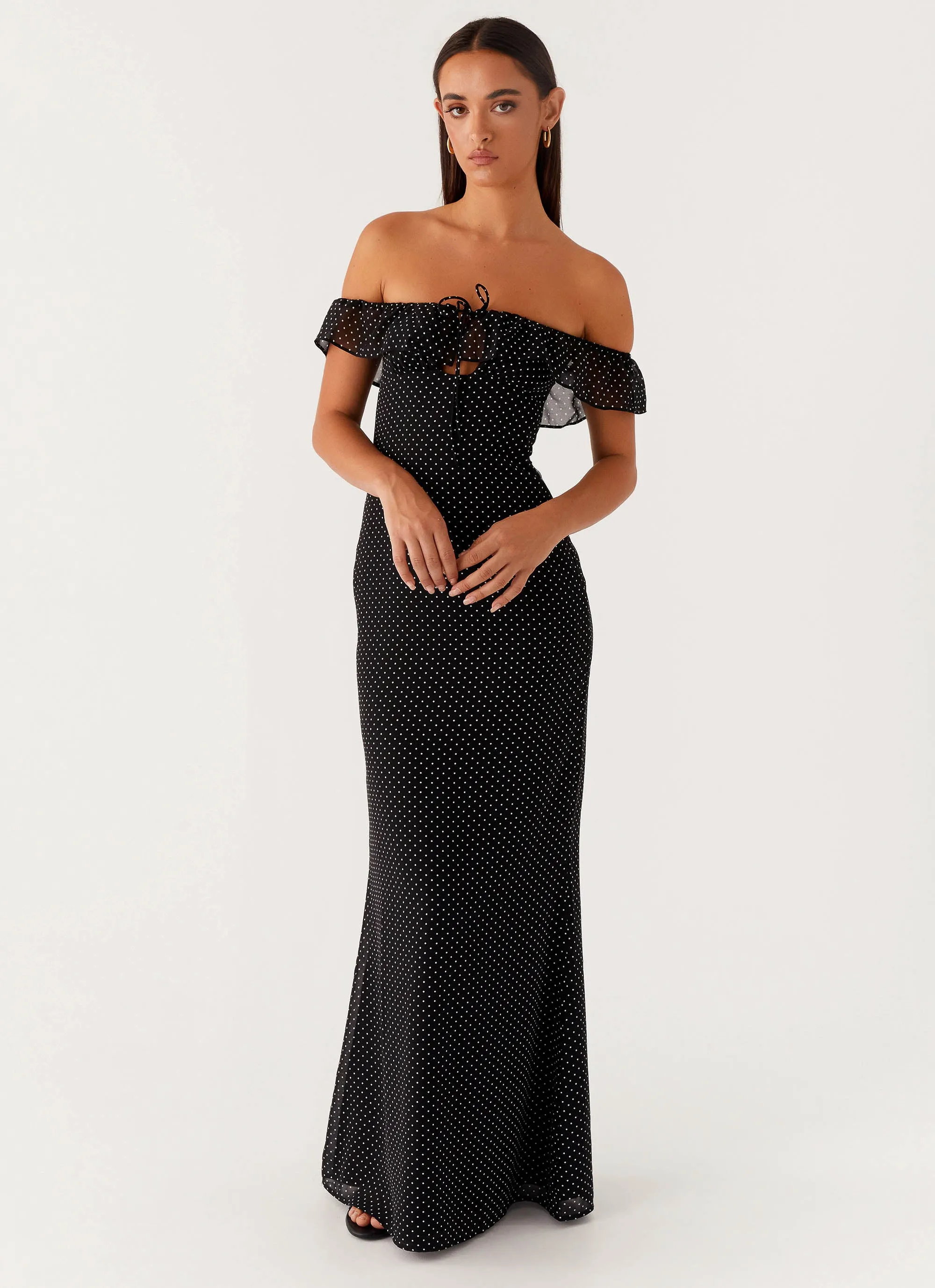 Puff-Sleeve Scarlet Cherry Maxi Dress - Black Polka Dot