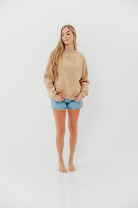 V neck Scout Wide Neck Fleece Sweatshirt in Tan