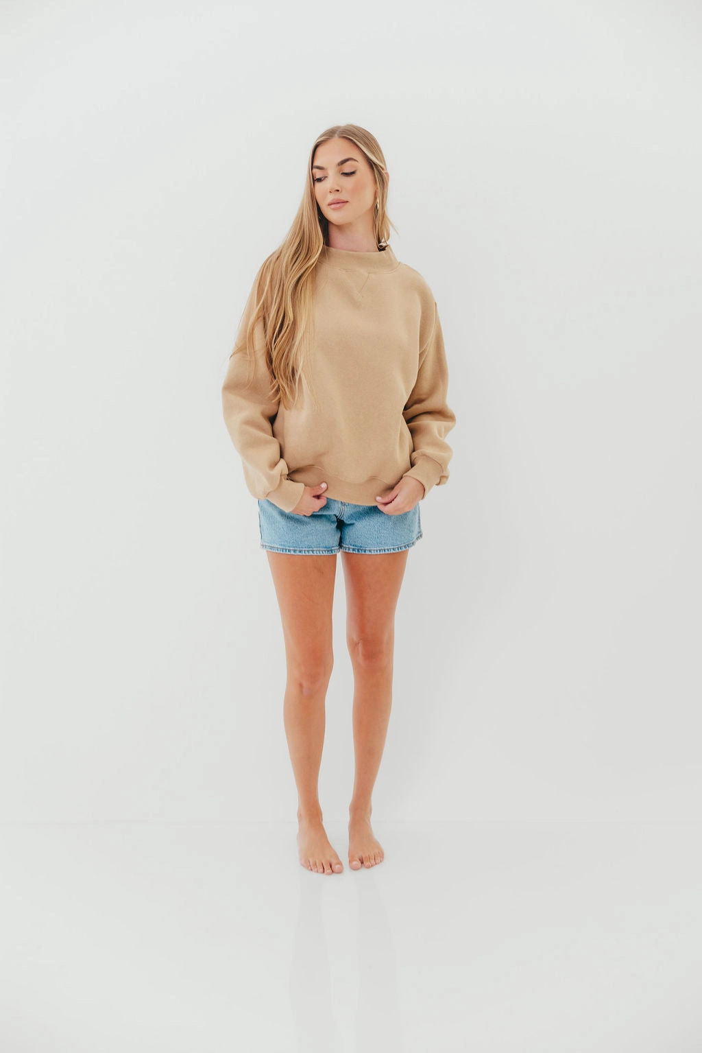 V neck Scout Wide Neck Fleece Sweatshirt in Tan