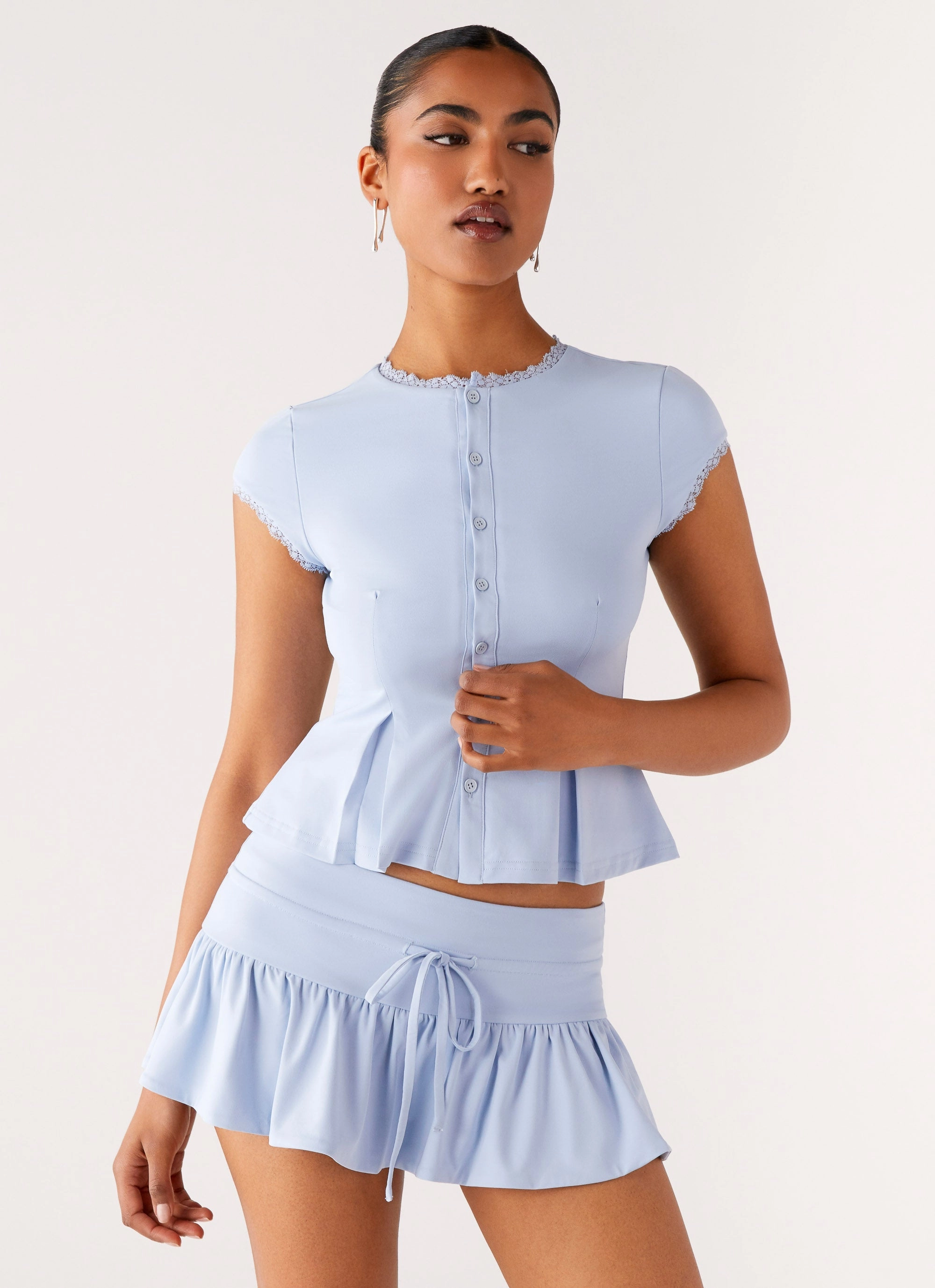 Landon Button Up Top - Blue alloy Subtle pattern