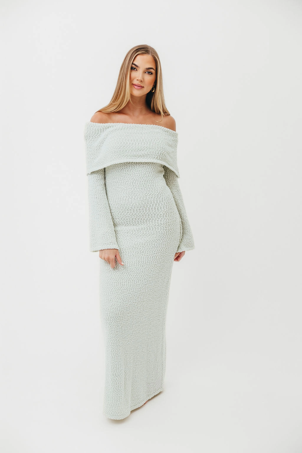 Nora Knit Maxi Dress in Seafoam- Bump Friendly LowProfileZipper Easy Drape