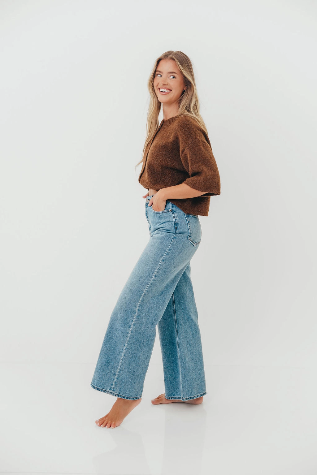 Warm Fashion Chutney Button-Up Half Sleeve Knit Cardigan Top in Brown