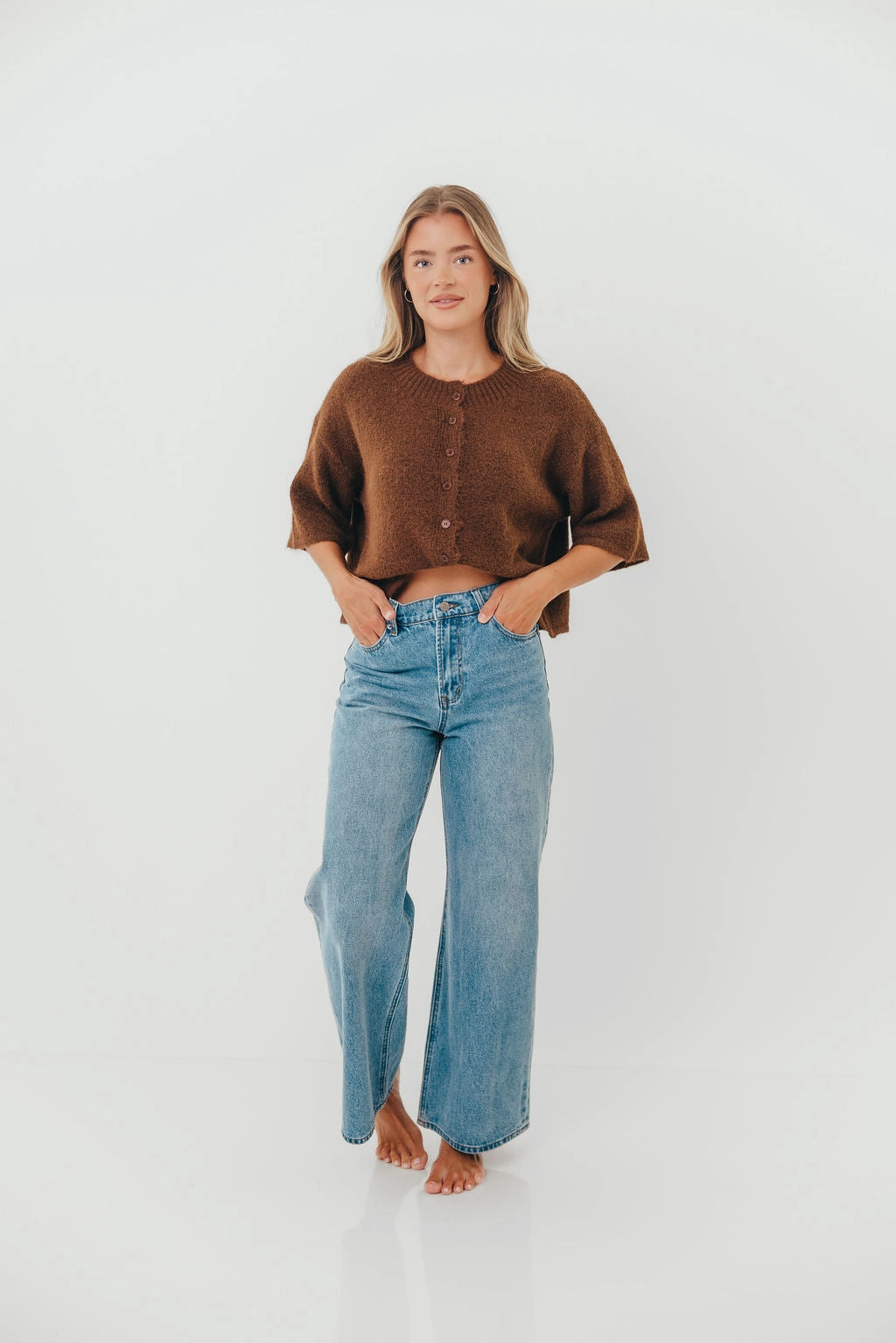 Chutney Button-Up Half Sleeve Knit Cardigan Top in Brown Performance Comfort Fit