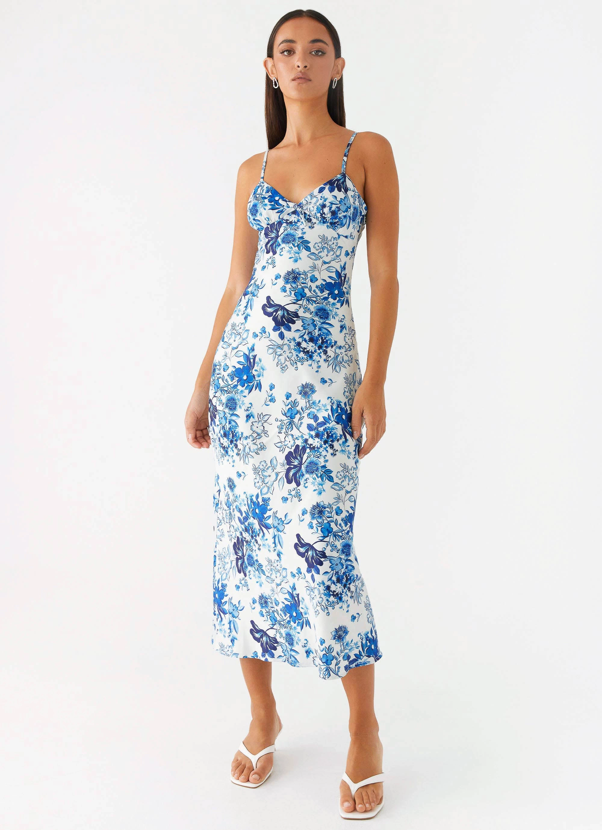 Take Chances Midi Dress - Serene Sky Floral Wool-Blend