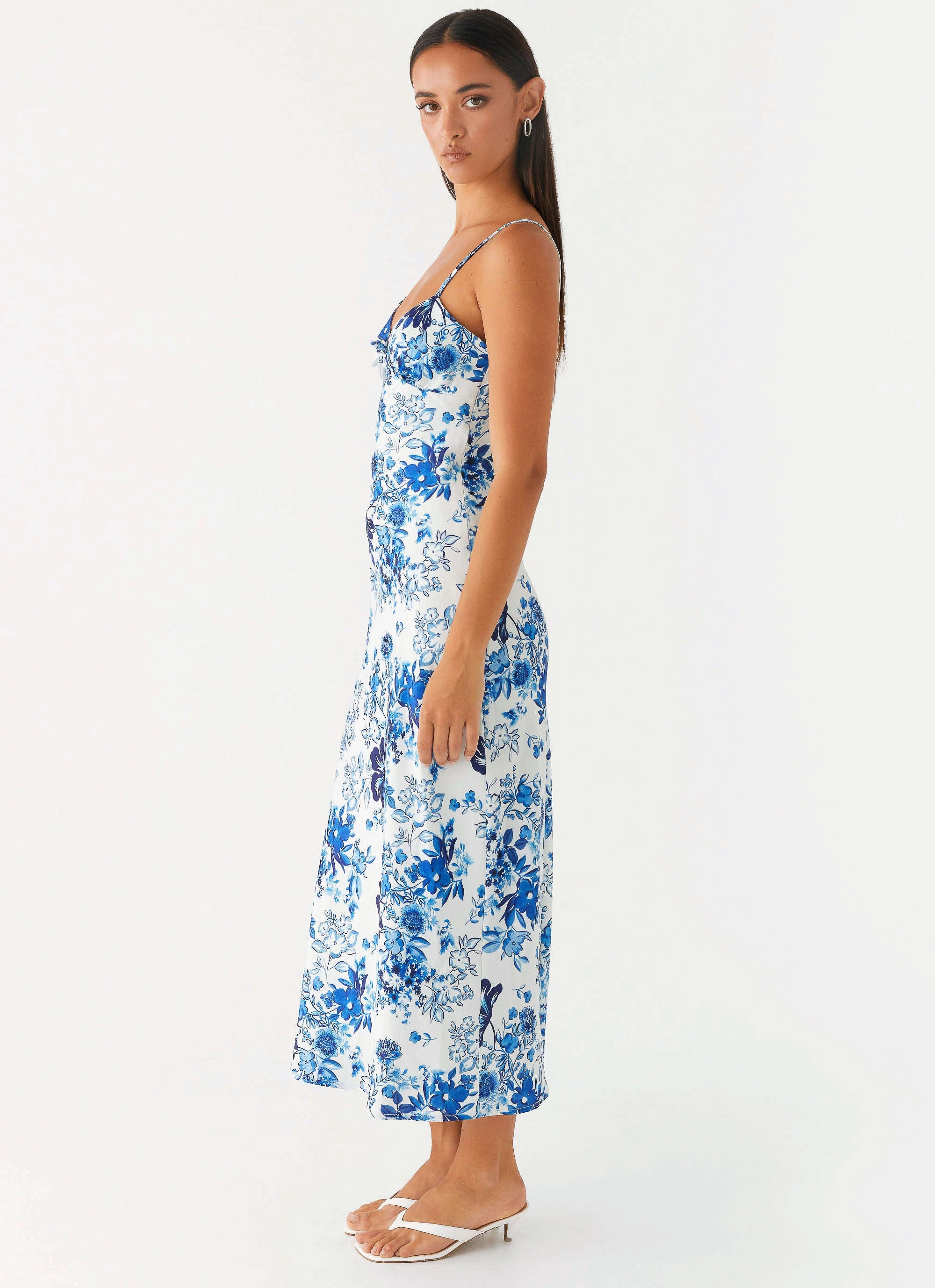 Take Chances Midi Dress - Serene Sky Floral Minimal Tone