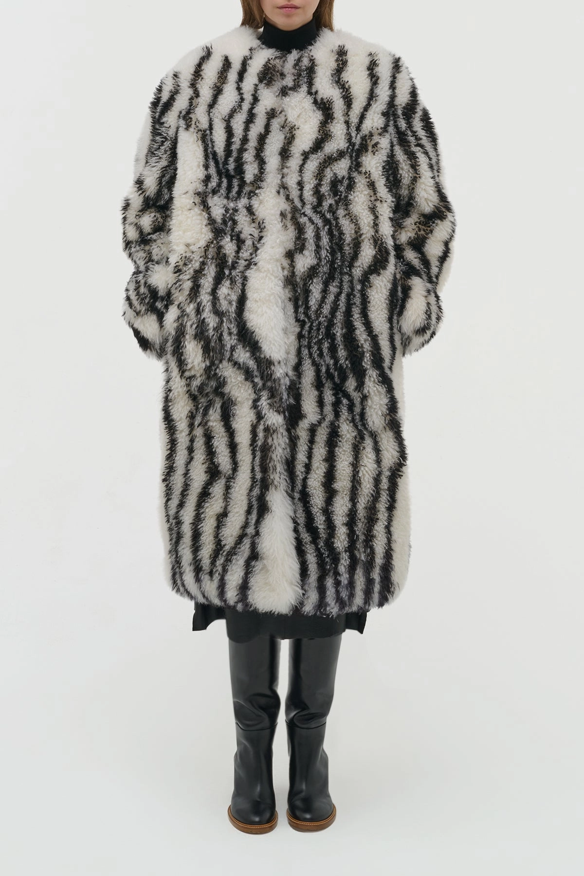 Seamless Street Fit NonRestrictive Cut Ebel Coat in Ivory & Black Cashmere Shearling