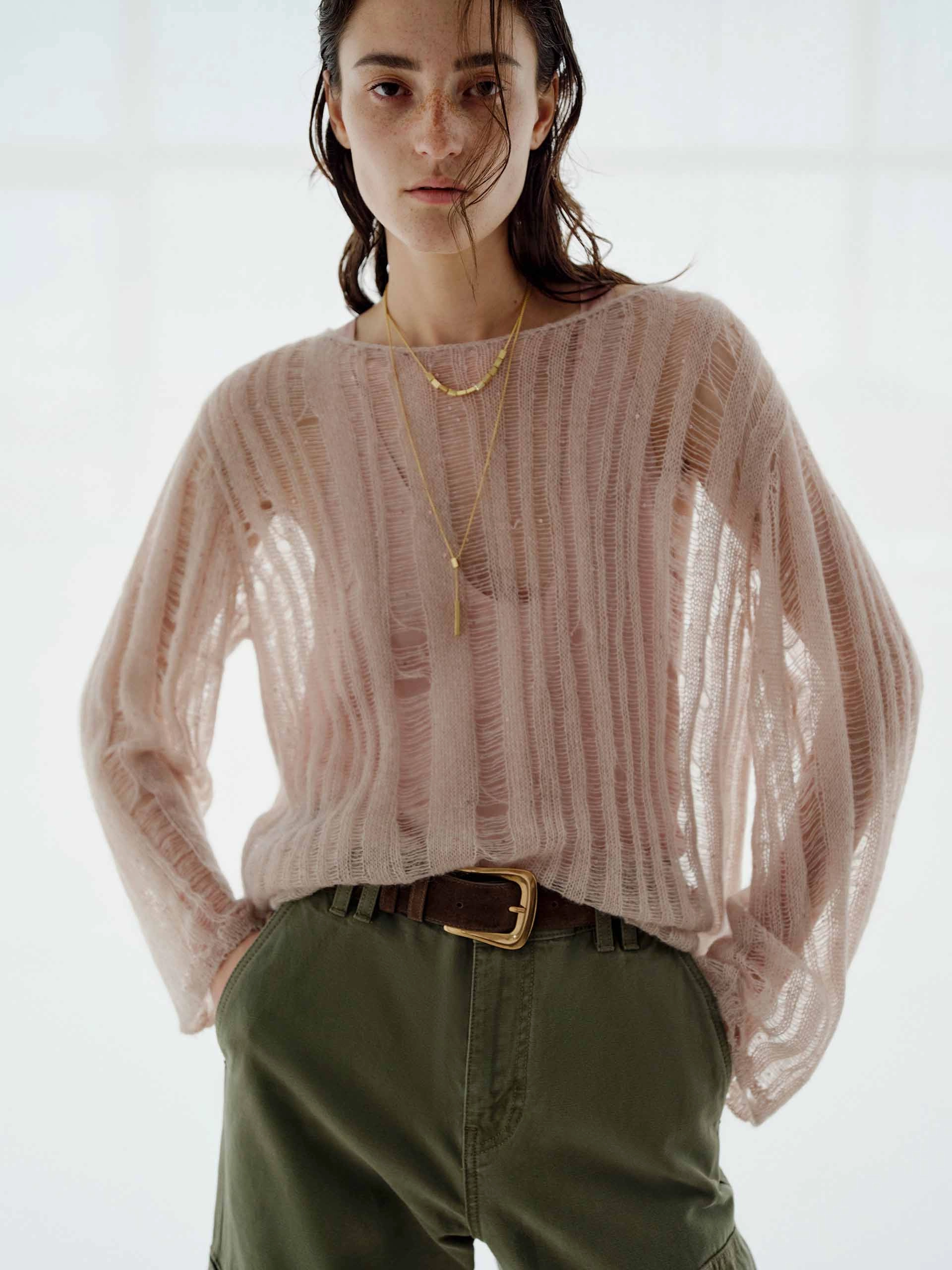 Soft Material Zero Waste Knitting Technique Sequin Open Knitted Top