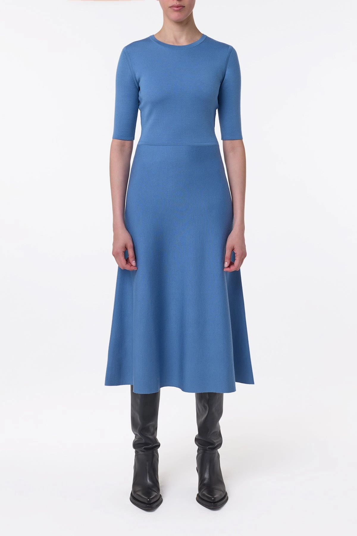 Seymore Knit Midi Dress in Sky Merino Wool Cashmere Stretch Flexibility
