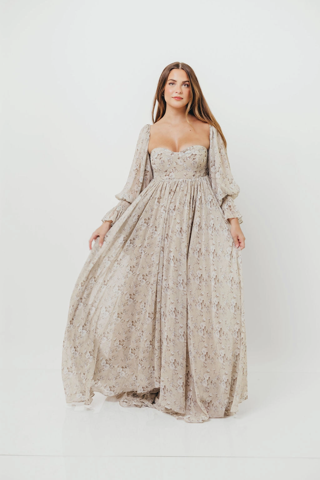 Relaxed Fit High-Fashion Delilah Maxi Dress with Train in Grey/Blue - Bump Friendly