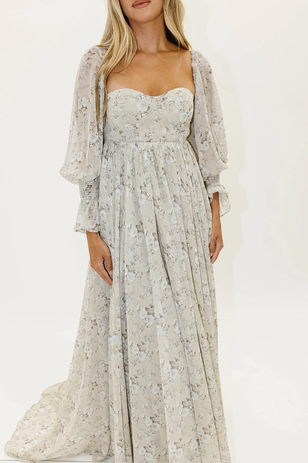Flowy Texture Delilah Maxi Dress with Train in Grey/Blue - Bump Friendly