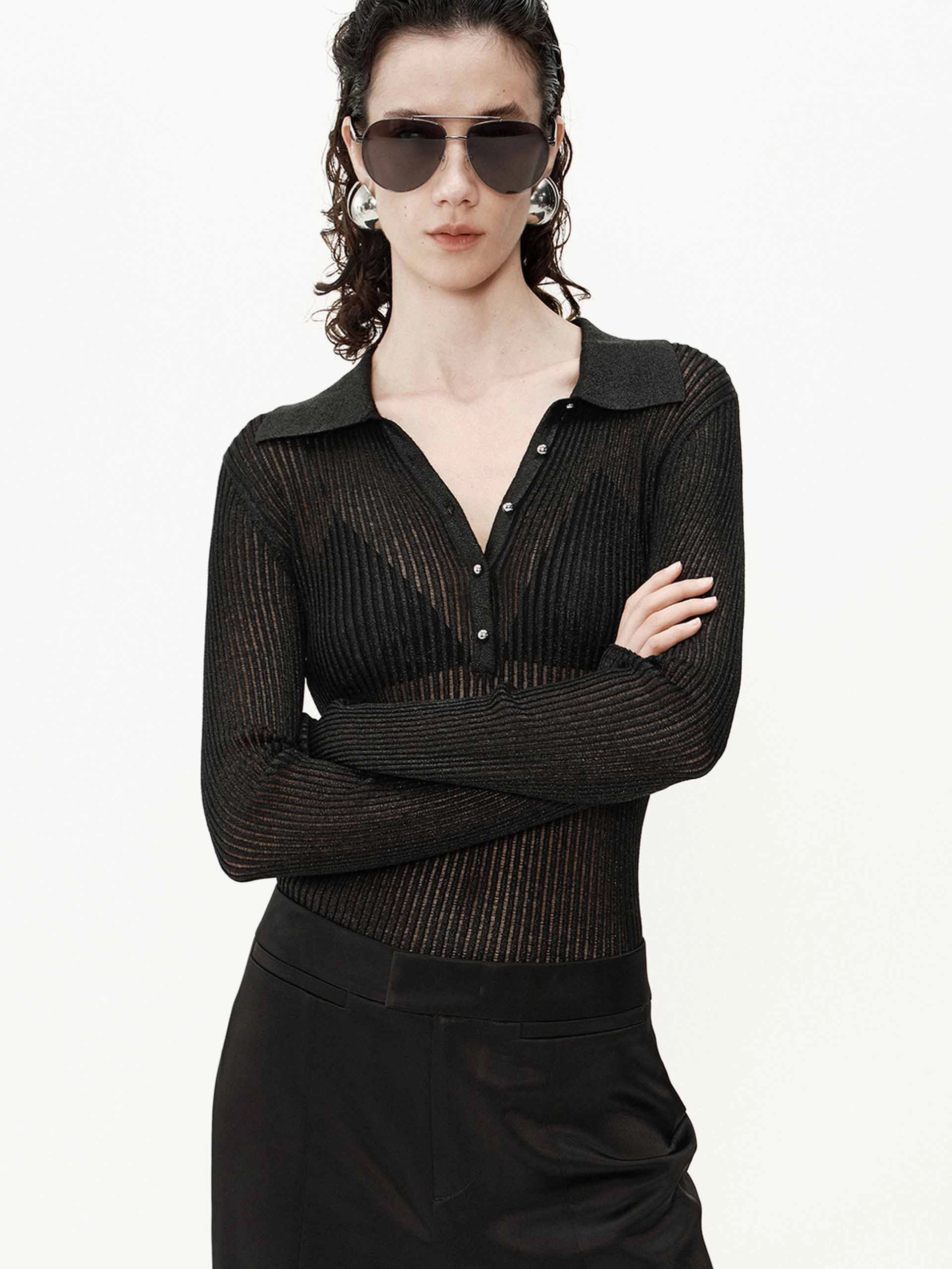 Clean Aesthetic Breathable mesh lining Sheer Ribbed Knit Top