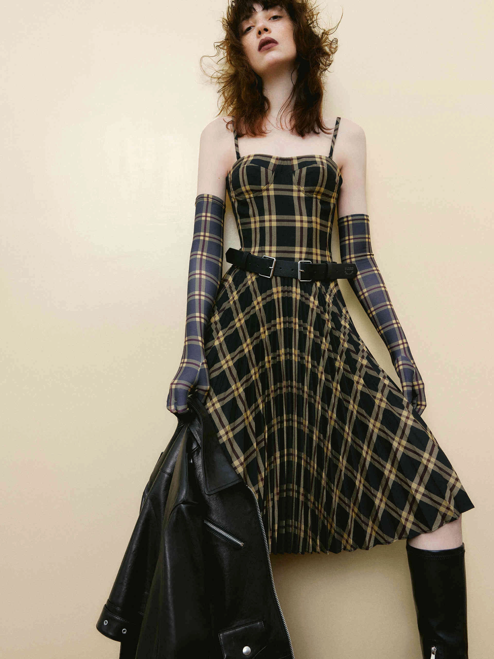 Dress-Up Style Minimal Fit Corset Check Pleated Cami Dress