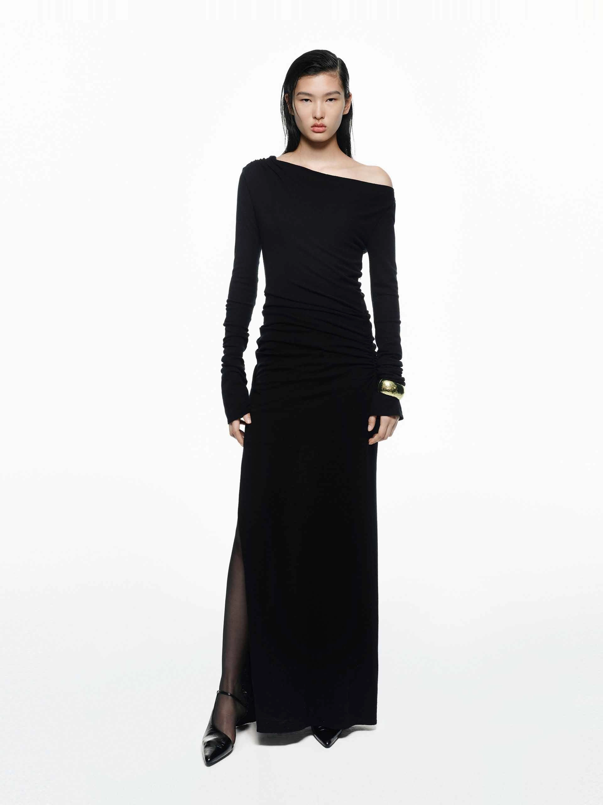 Side Slit Wool Dress Texture Flow Soft Layers